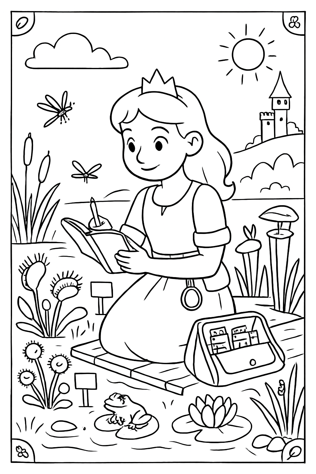 botanist princess cataloging carnivorous flowers in marsh