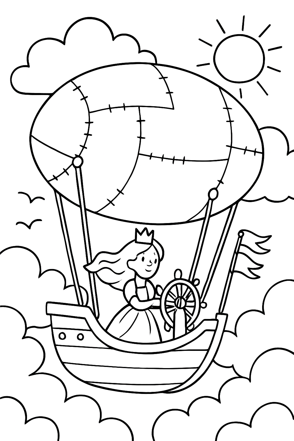sky-sailing princess navigating clouds in patchwork airship