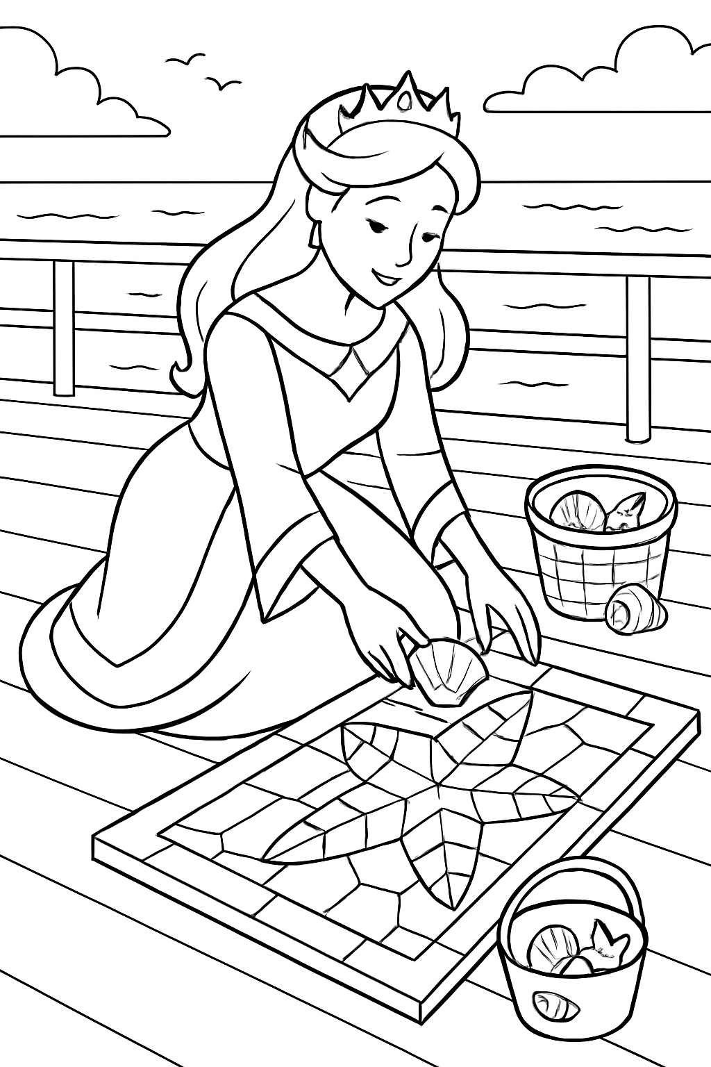 mosaic princess arranging seashell tiles on boardwalk