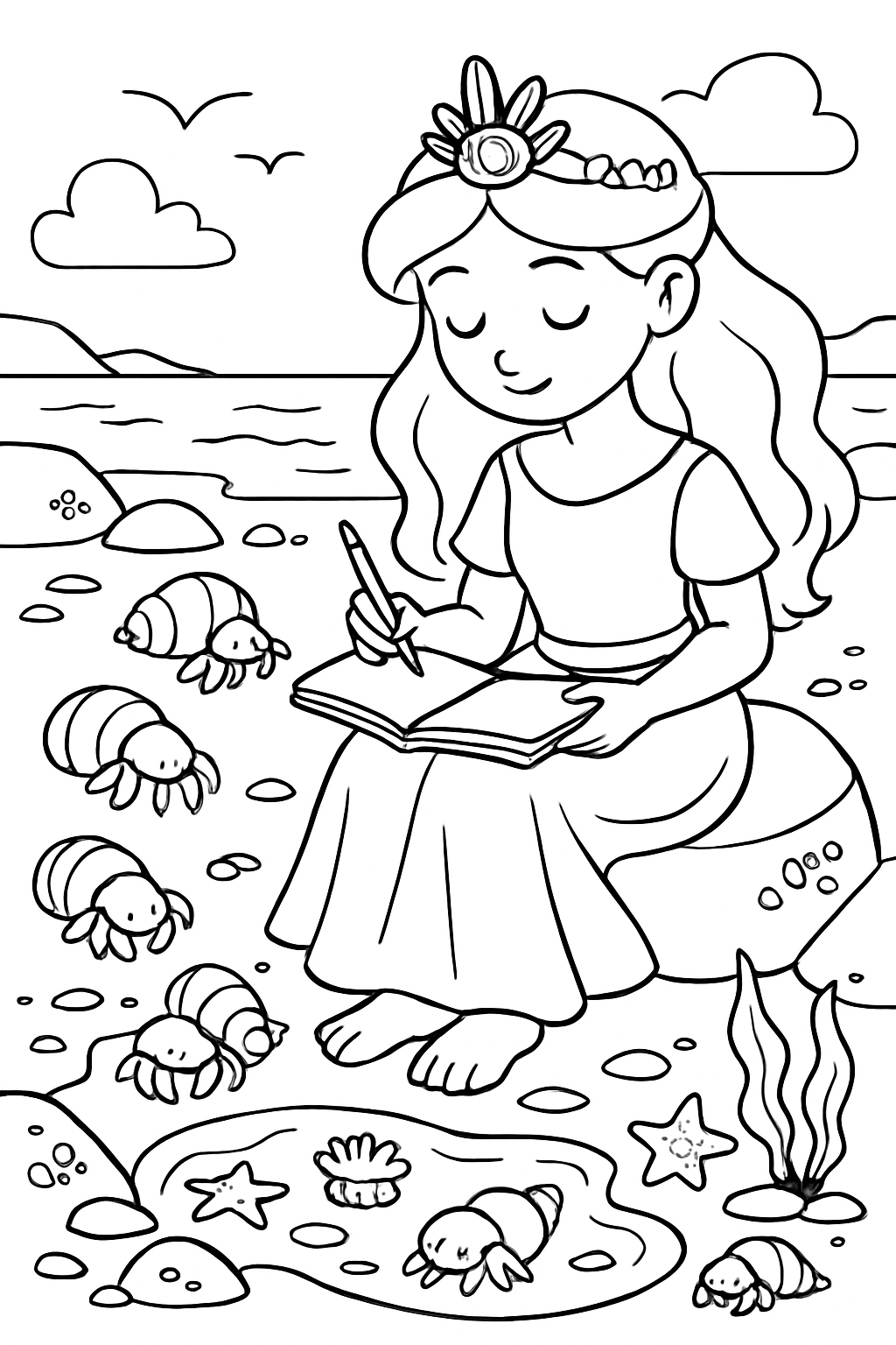 tidepool princess sketching hermit crabs at low tide