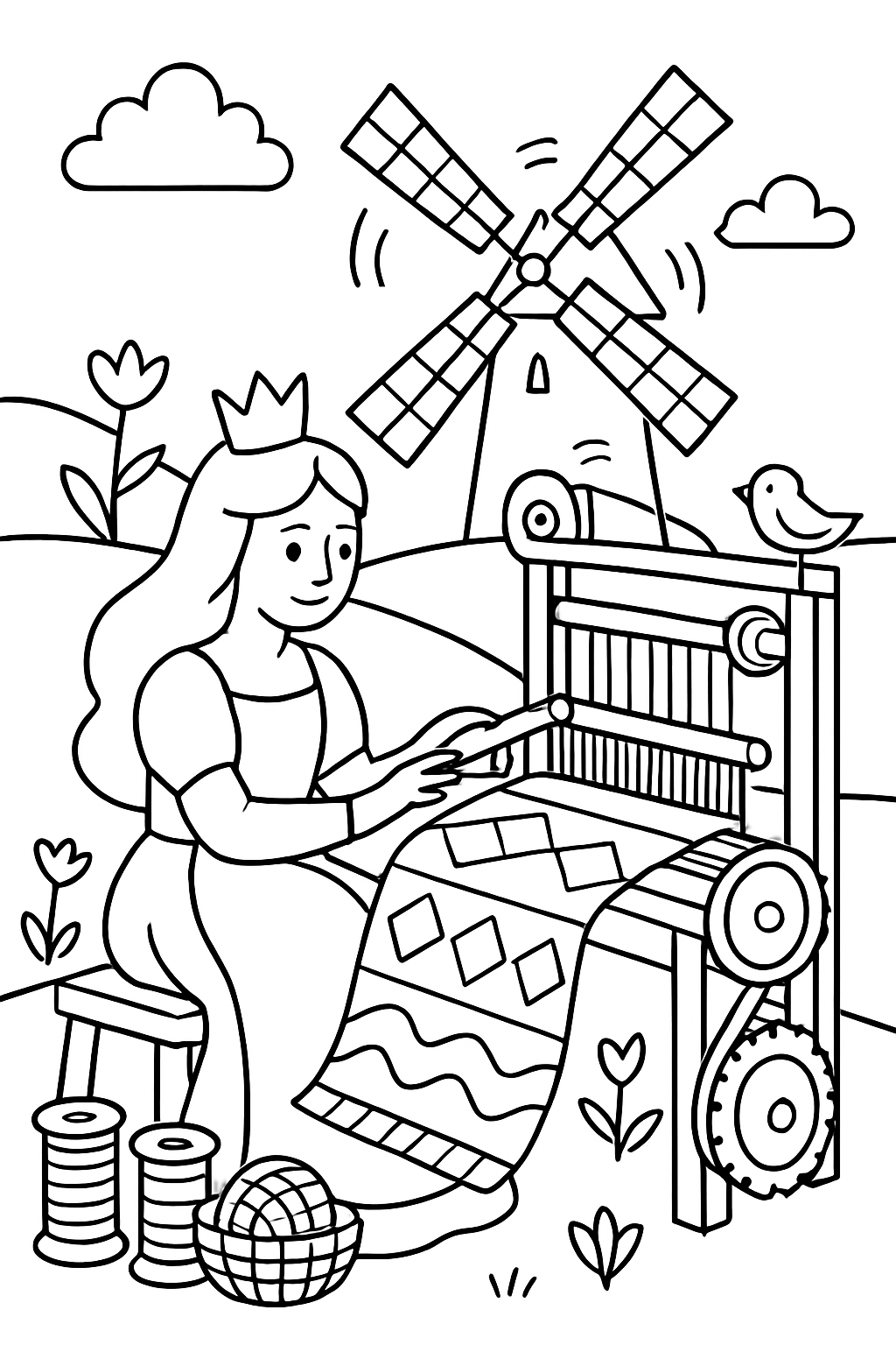 windmill princess weaving tapestries with turning sails
