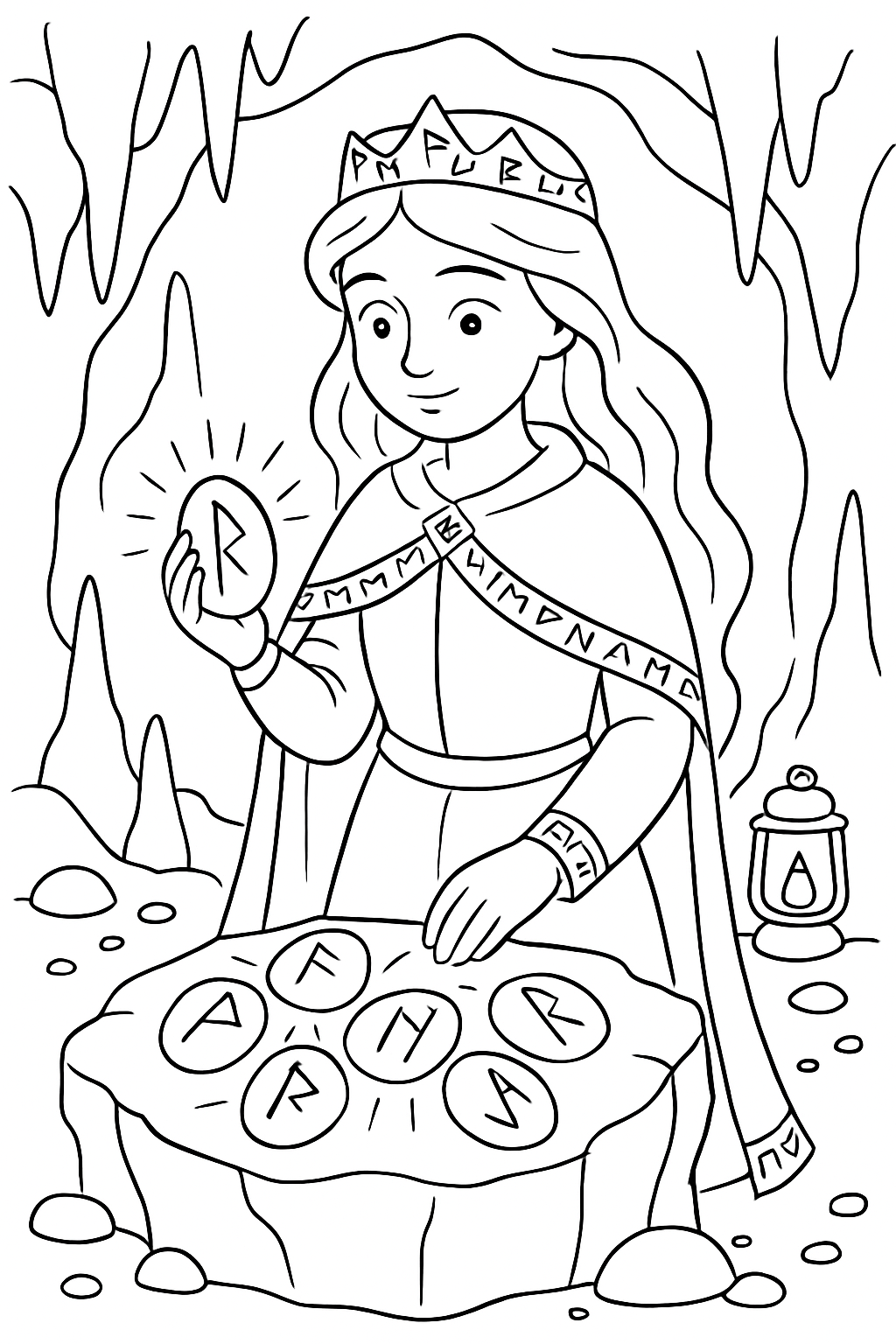 runic princess deciphering glowing stones in cavern