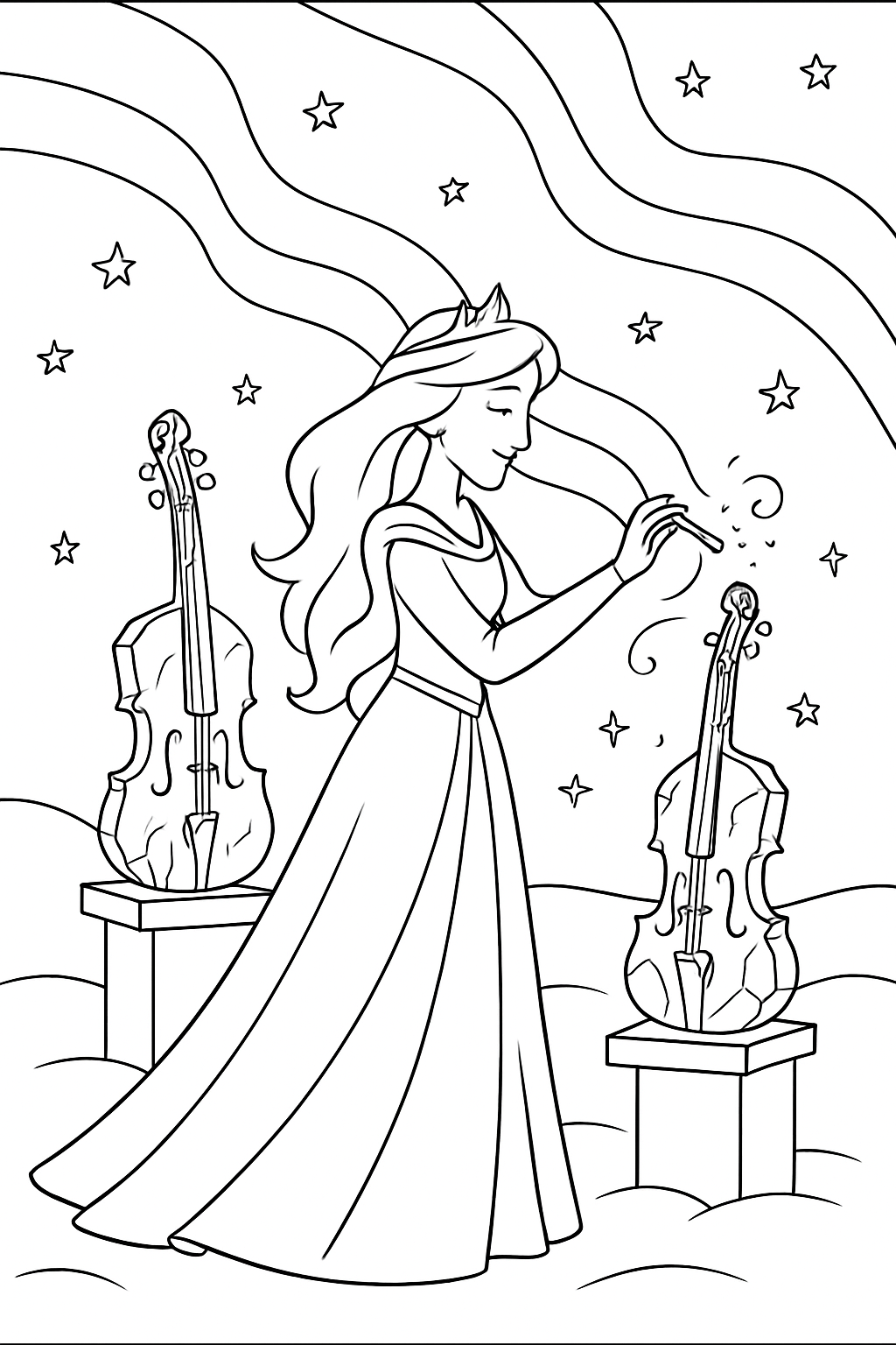 aurora princess sculpting ice violins under starlight