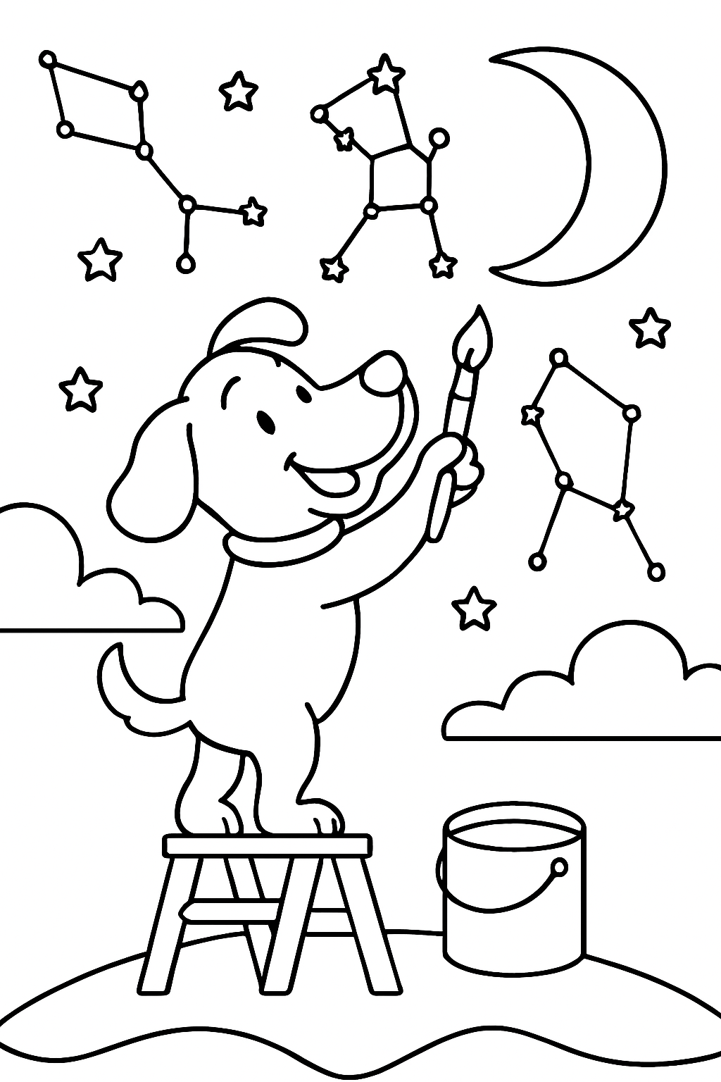 dog painting constellations across the night sky