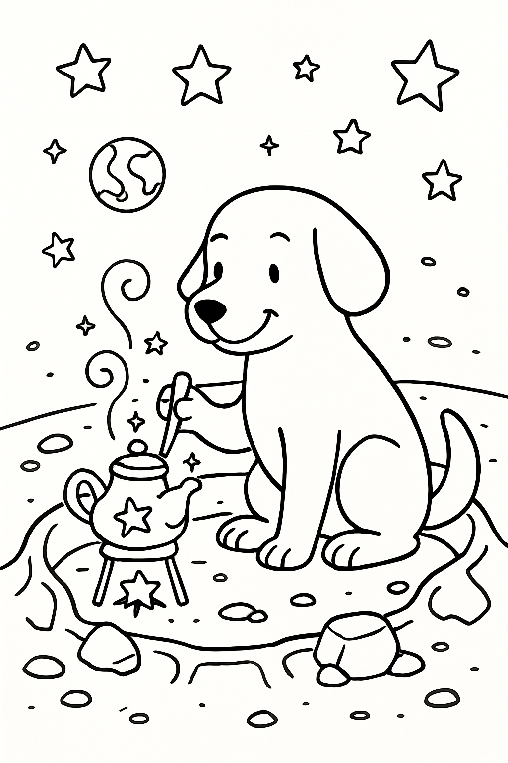 dog brewing stardust tea in lunar crater