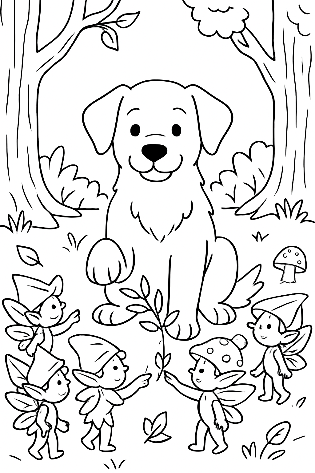 dog negotiating peace between forest sprites