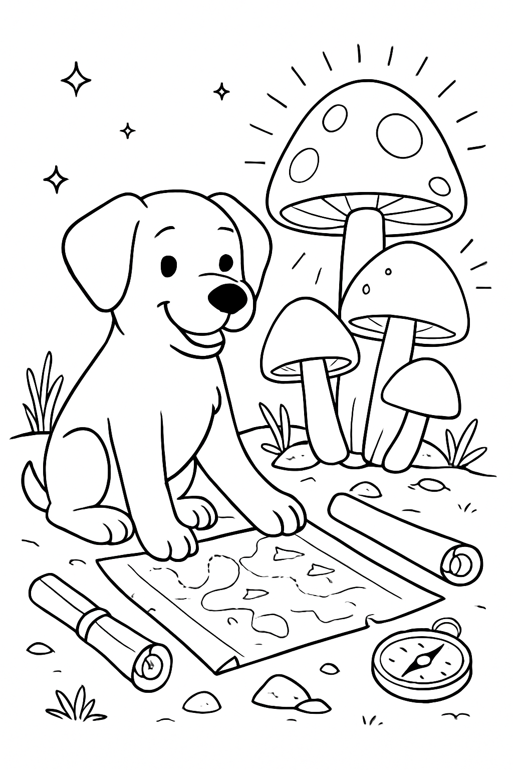 dog reading ancient maps by bioluminescent mushrooms