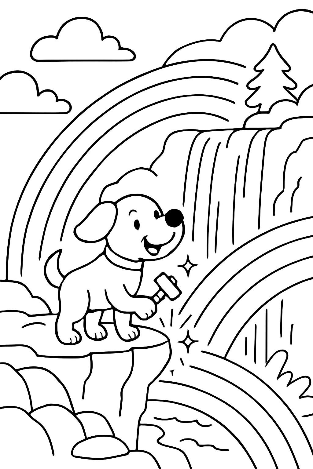 dog forging rainbow bridges over thundering waterfall