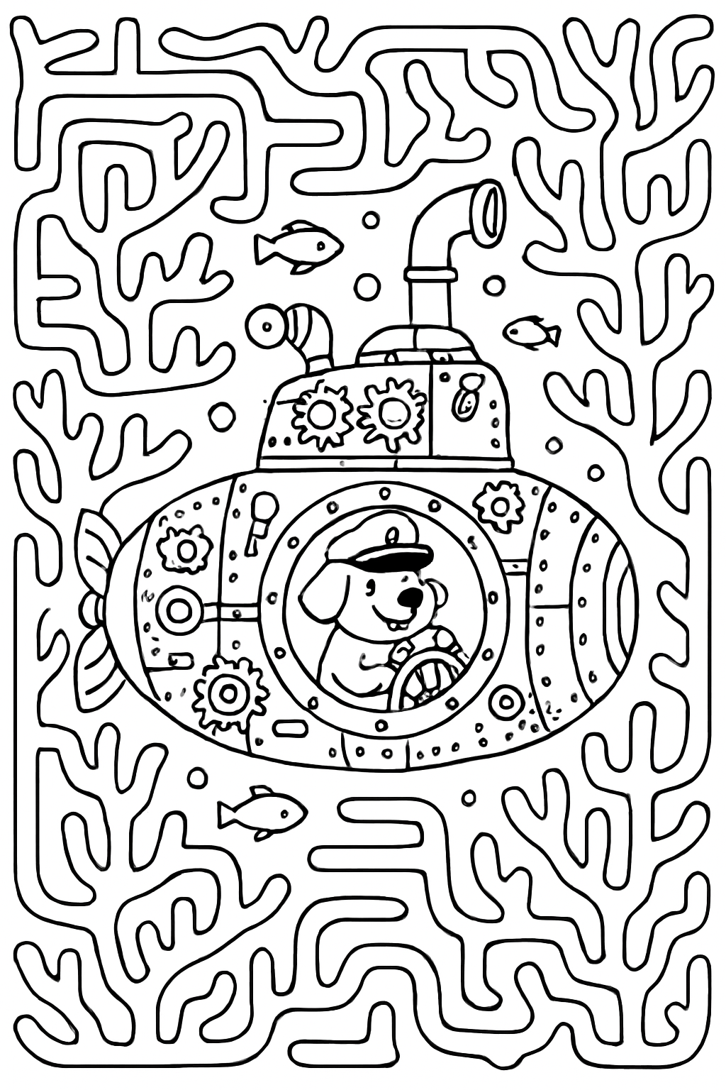 dog captaining clockwork submarine through coral labyrinth