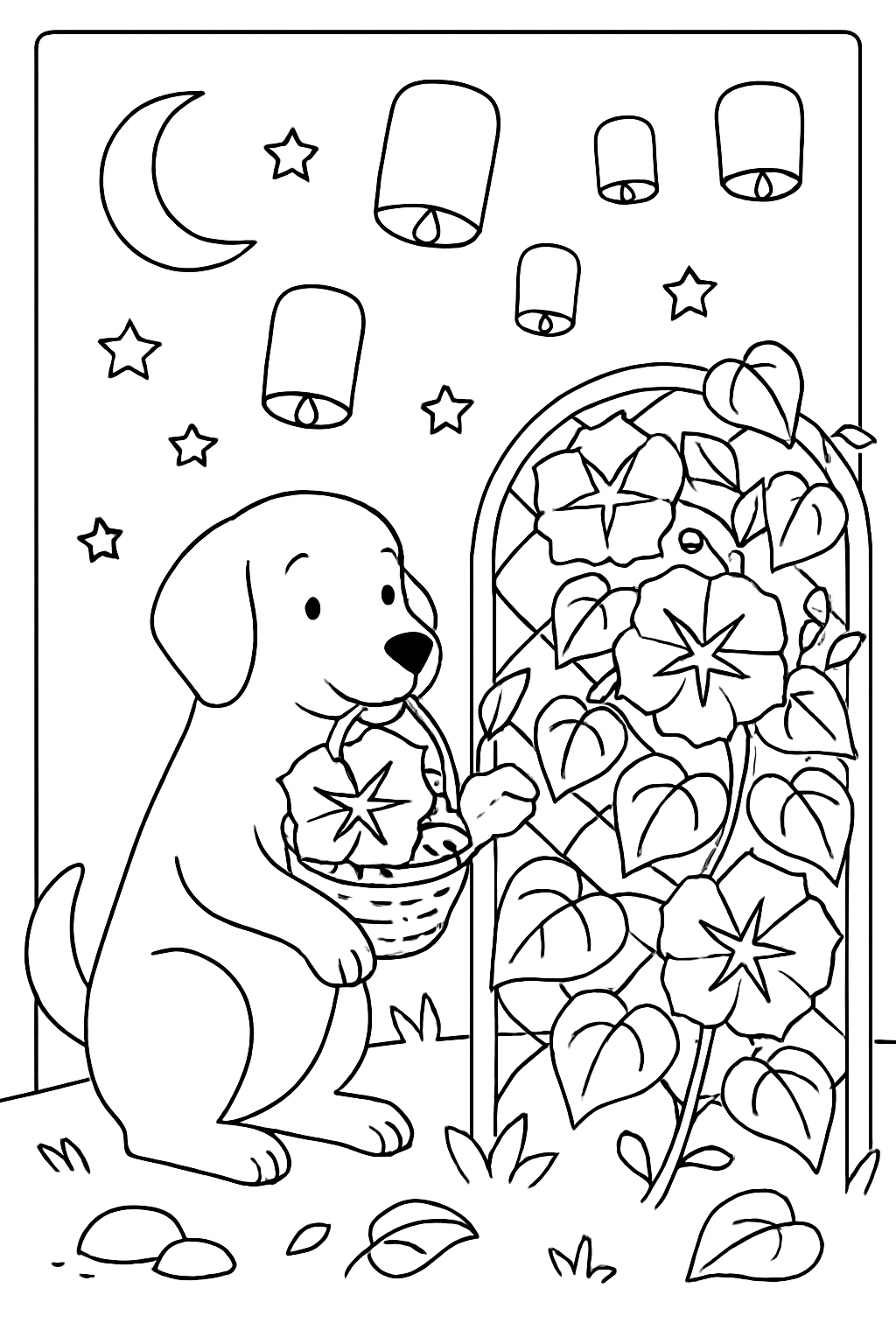 dog harvesting moonflowers with floating lanterns