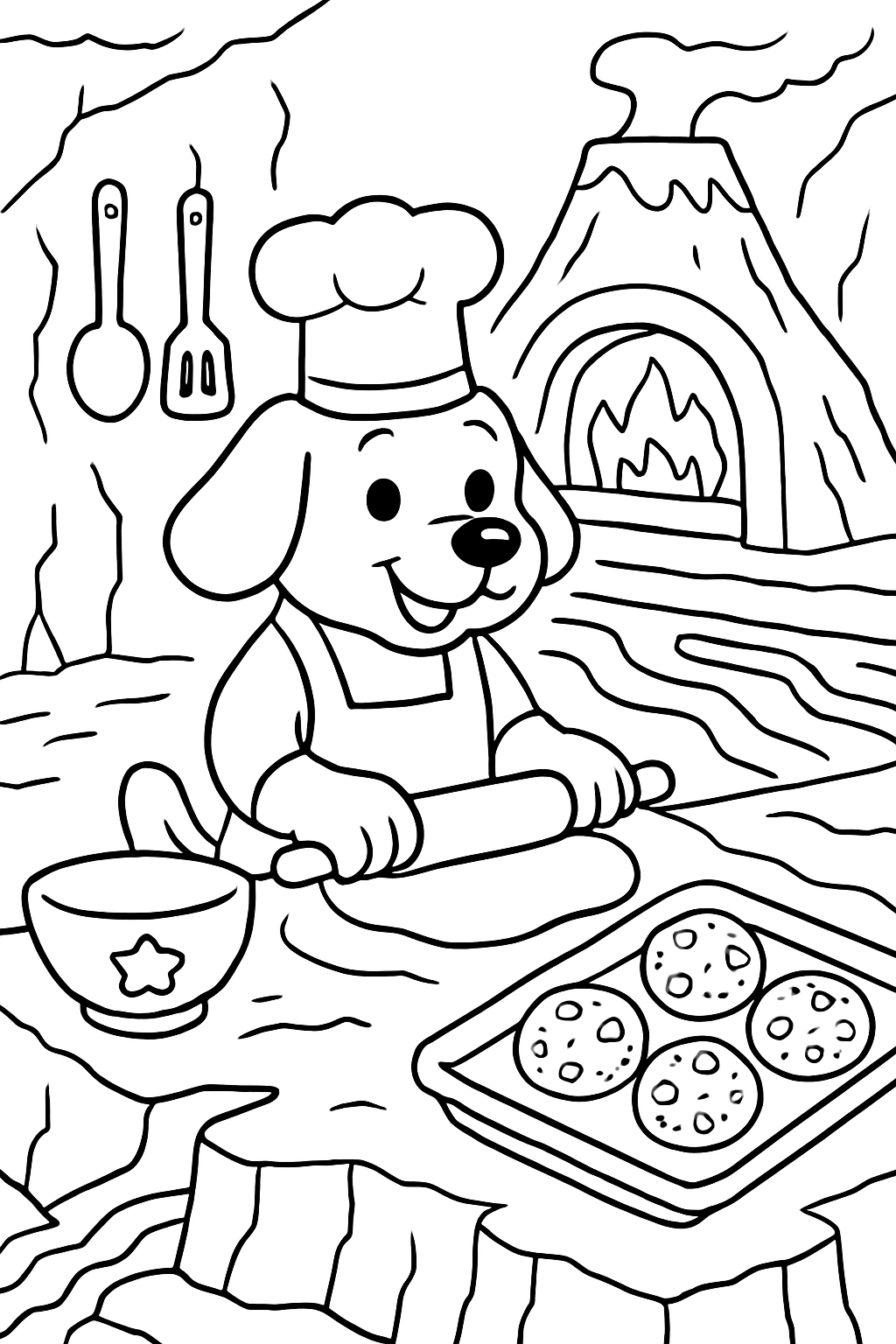 dog baking meteor pies in volcano kitchen