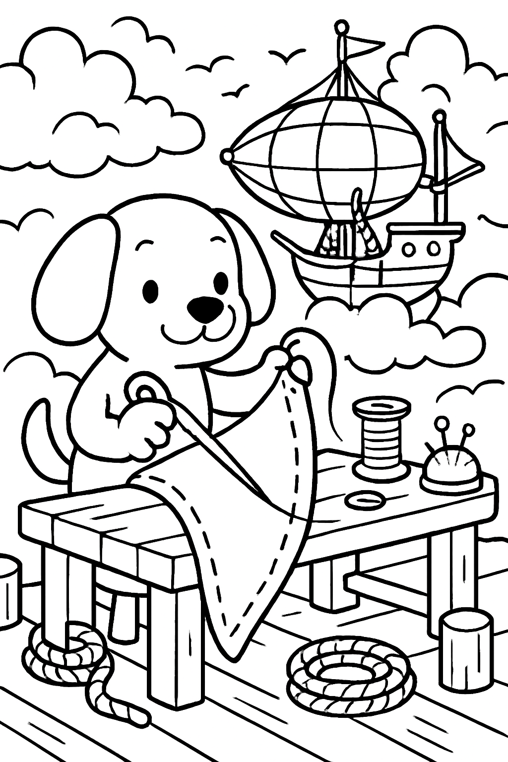 dog sewing sails on a cloudship dock