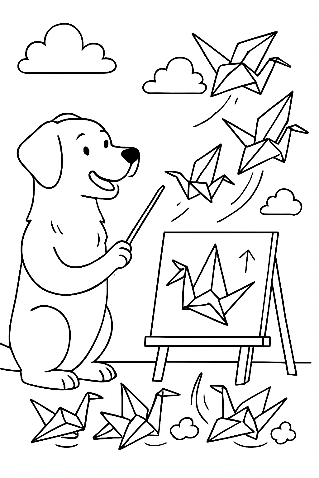 dog teaching origami cranes to liftoff