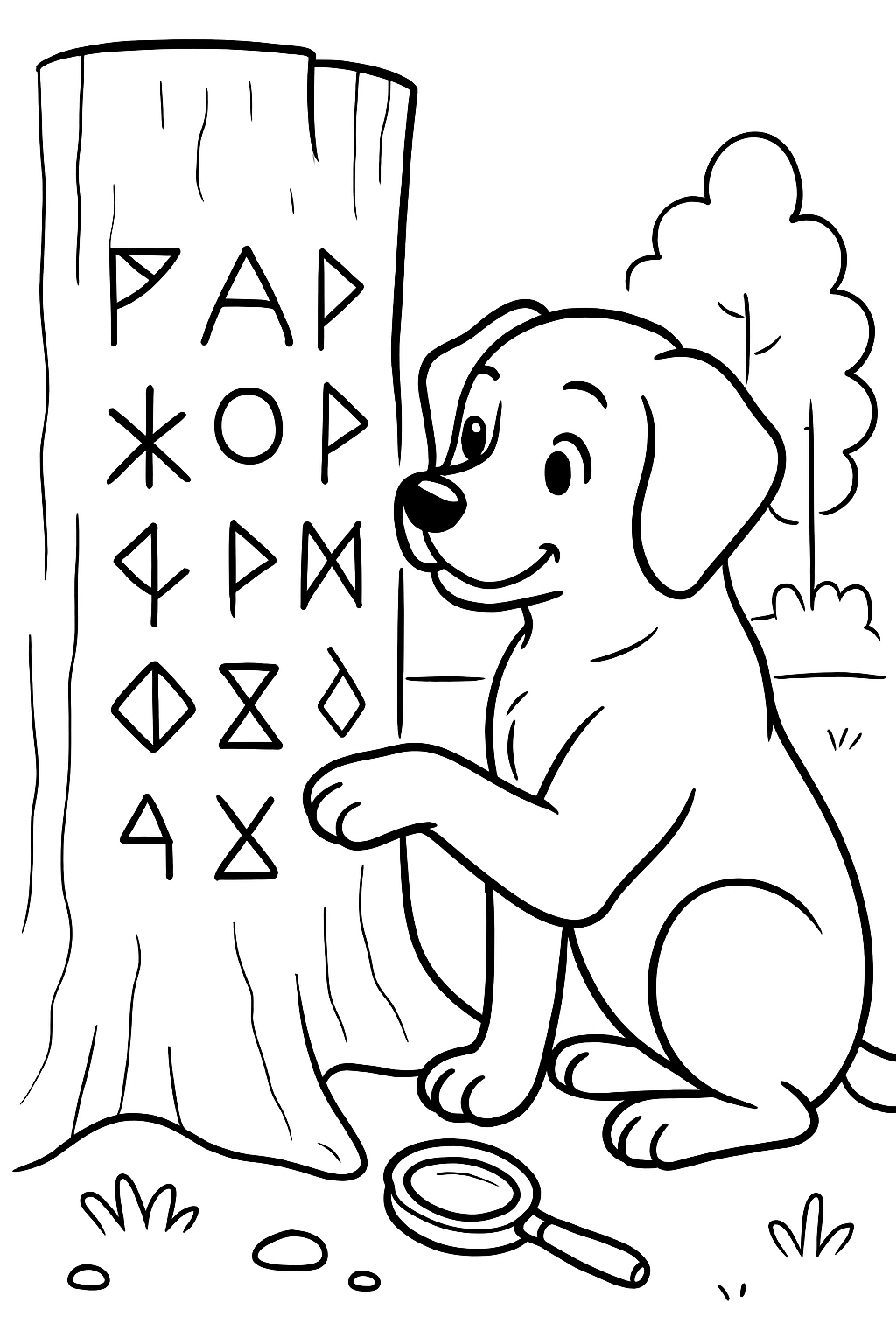 dog decoding runes on a petrified tree