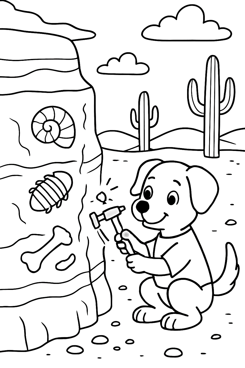 dog chiseling fossils from desert sandstone cliffs