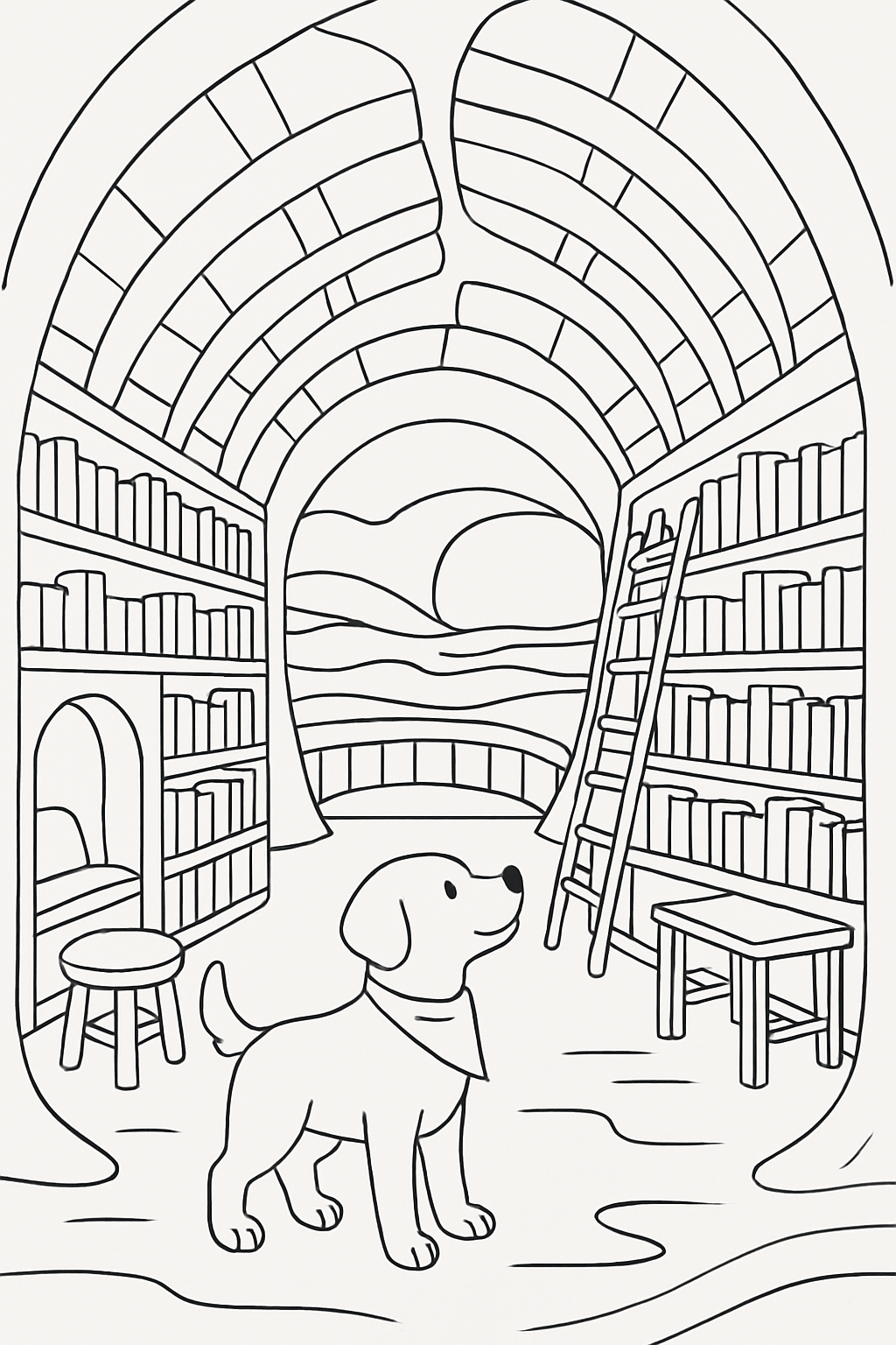 dog exploring library built inside giant whale