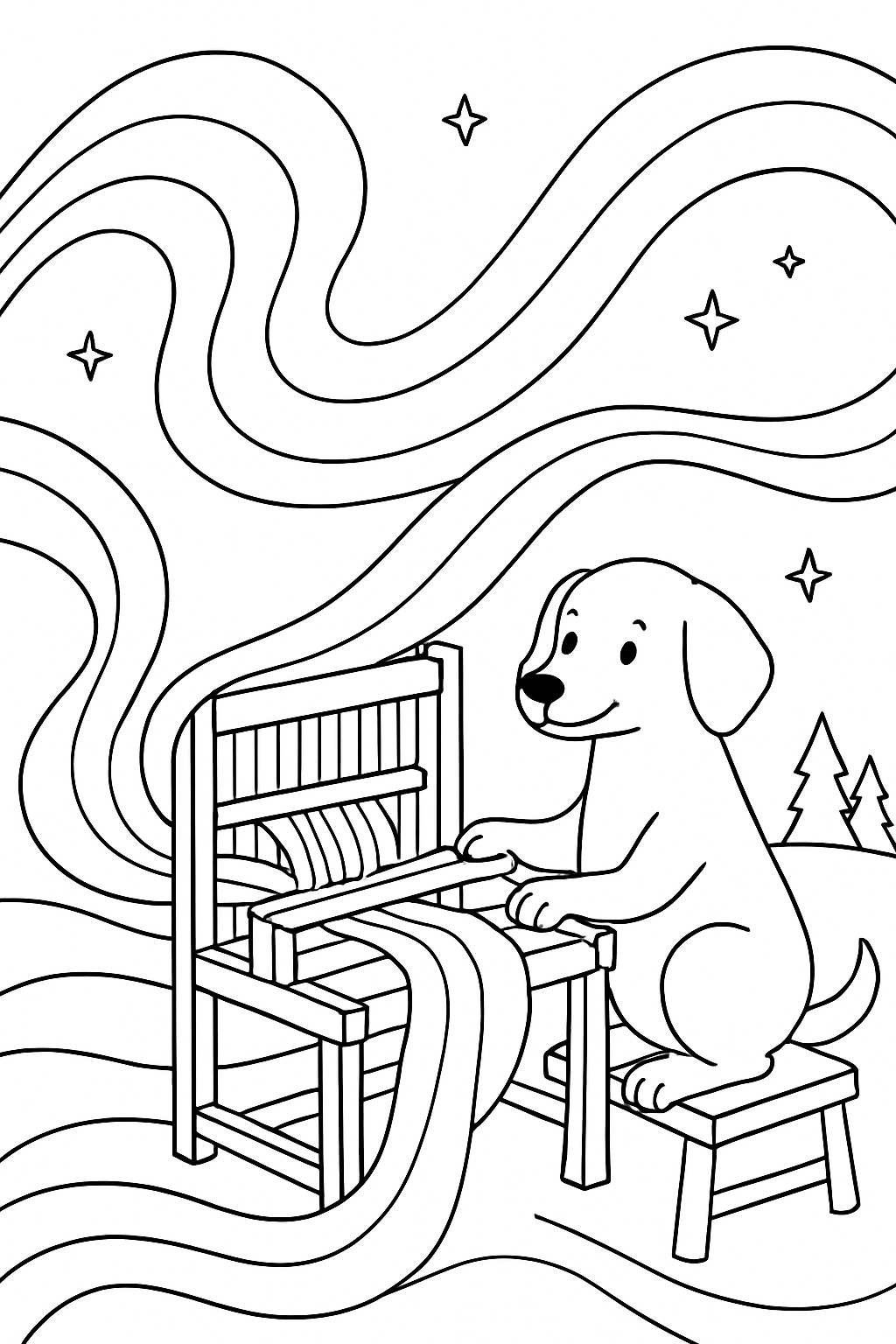 dog weaving tapestries from aurora borealis ribbons
