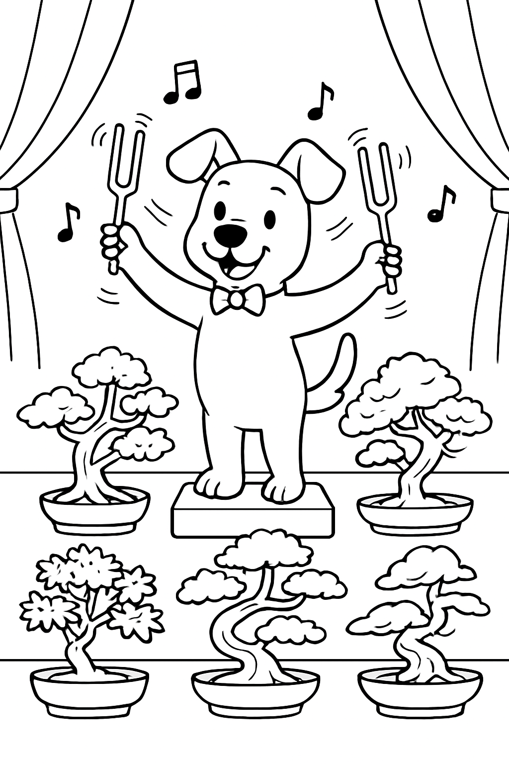 dog orchestrating bonsai trees with tuning forks