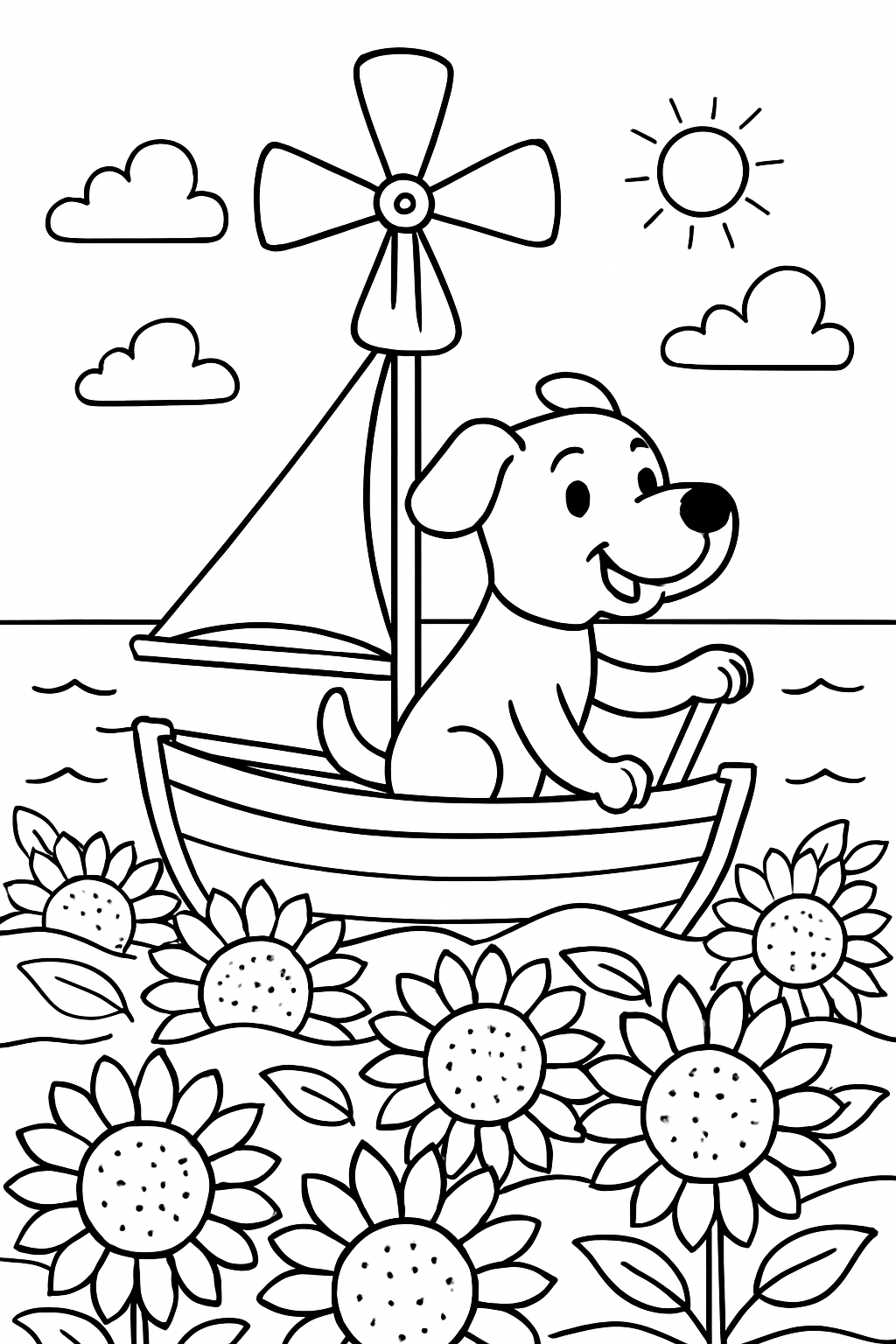 dog navigating windmill skiff across sunflower sea