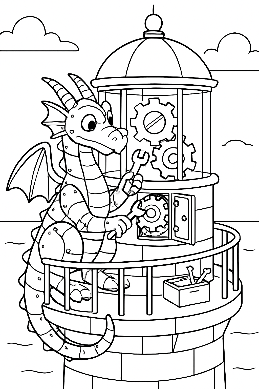 clockwork dragon repairing gears atop lighthouse