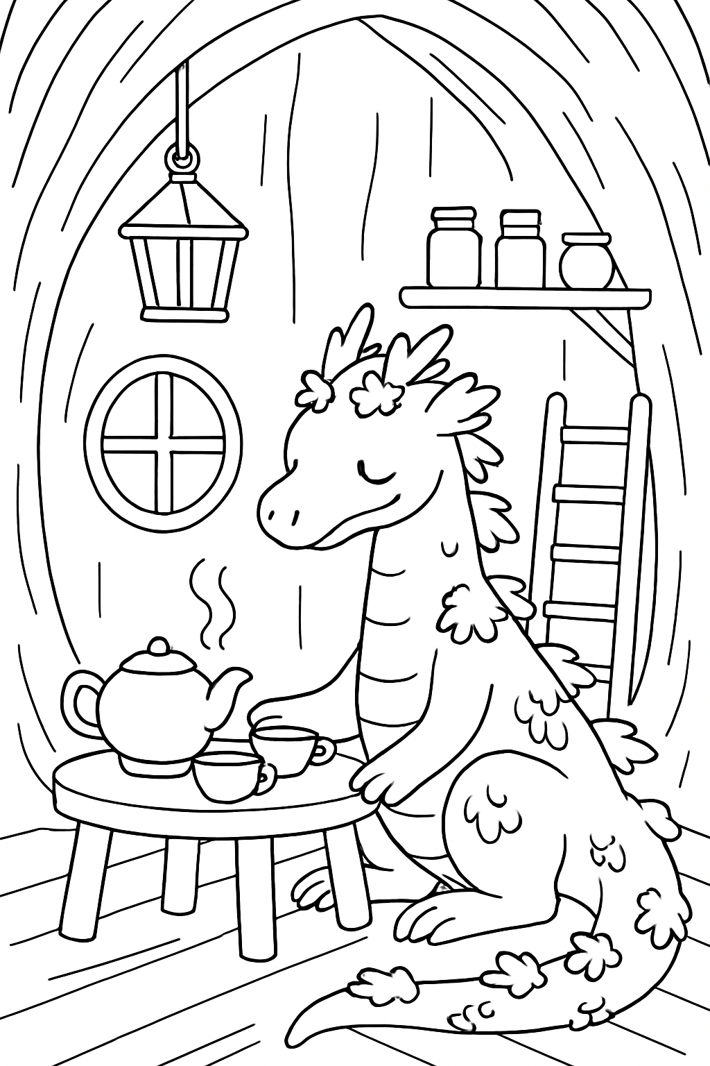 moss-covered dragon brewing tea in treehouse