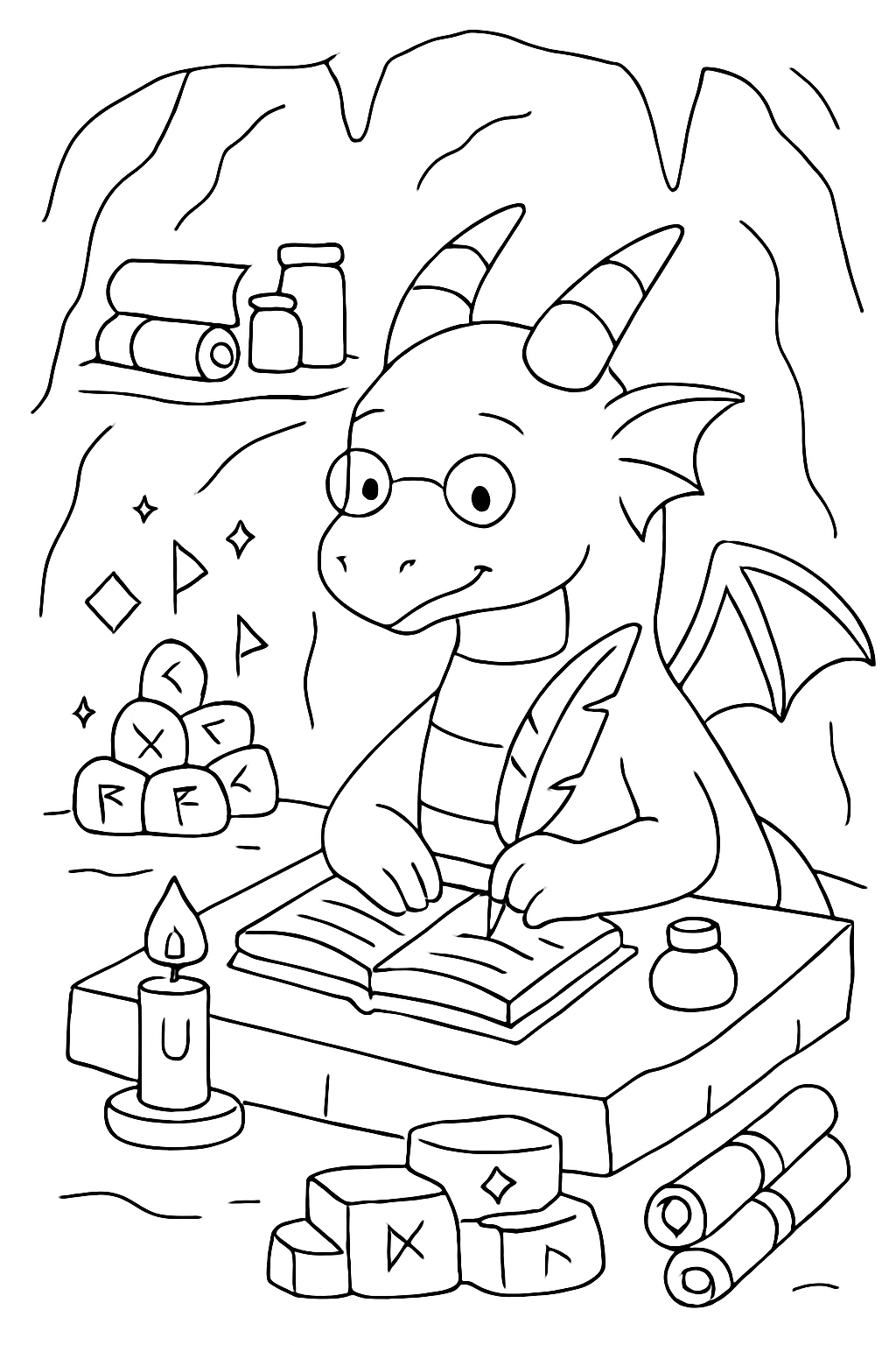scholarly dragon cataloging runes in cavern