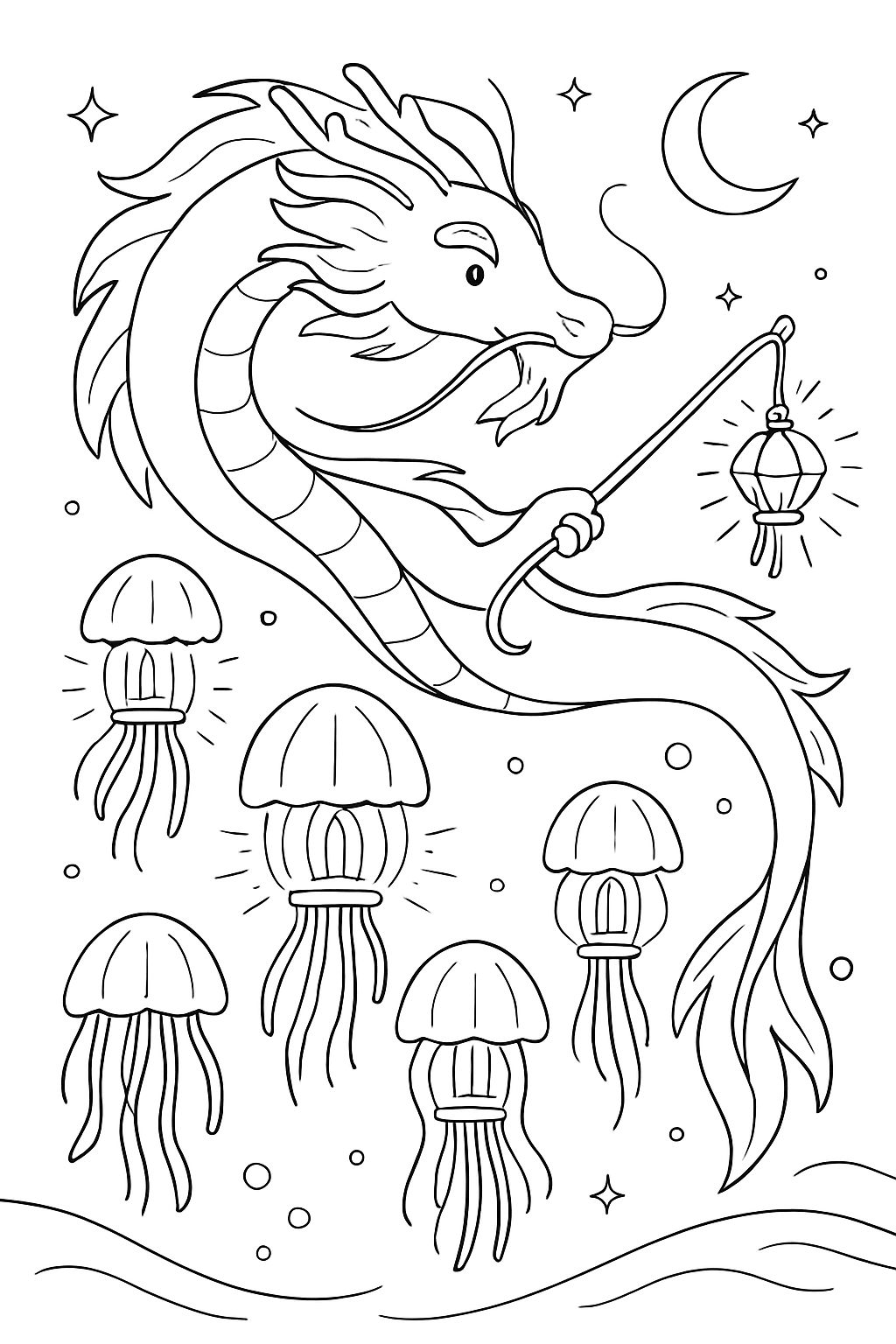 bioluminescent dragon guiding jellyfish lantern parade