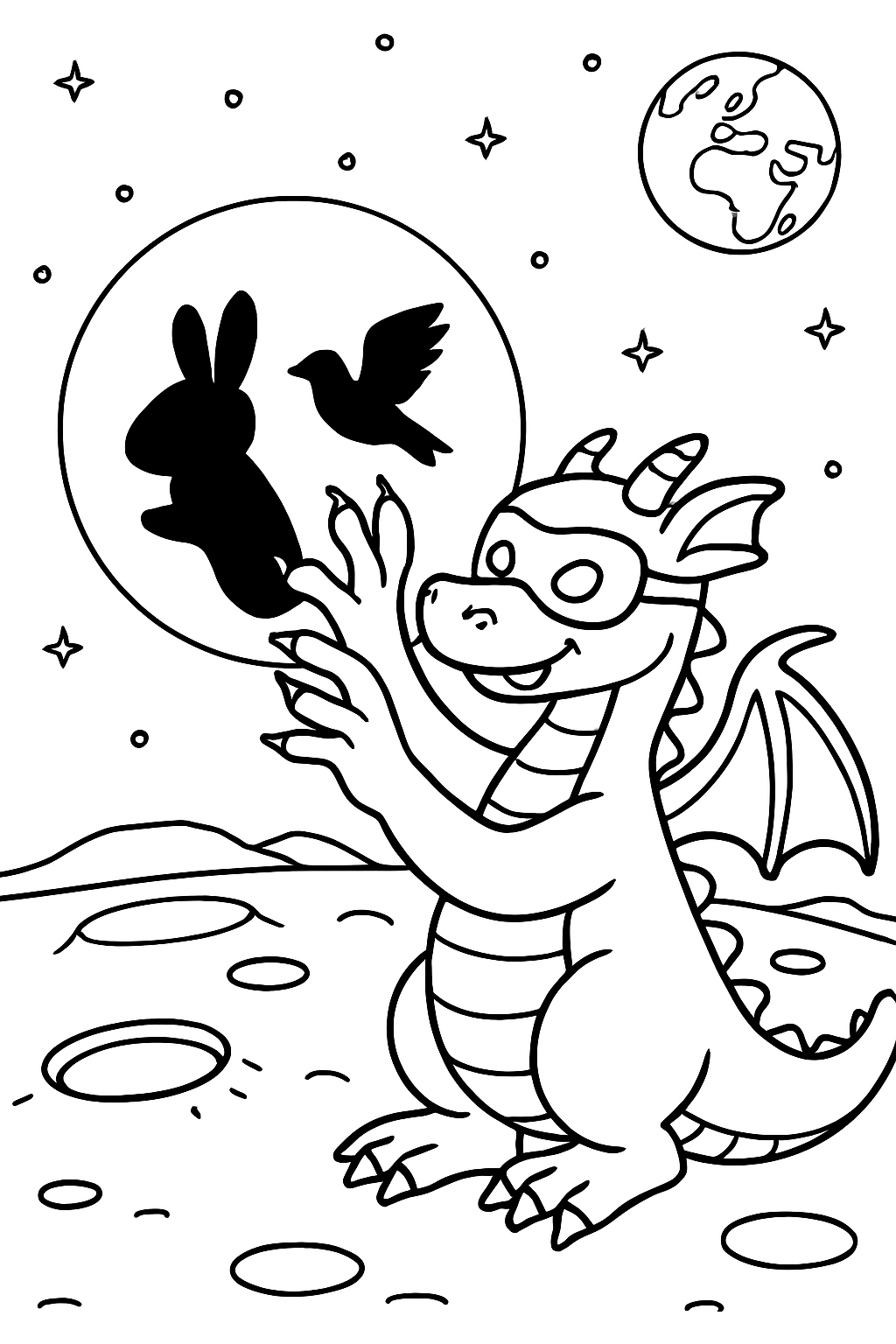 masked dragon performing shadow puppets on moon