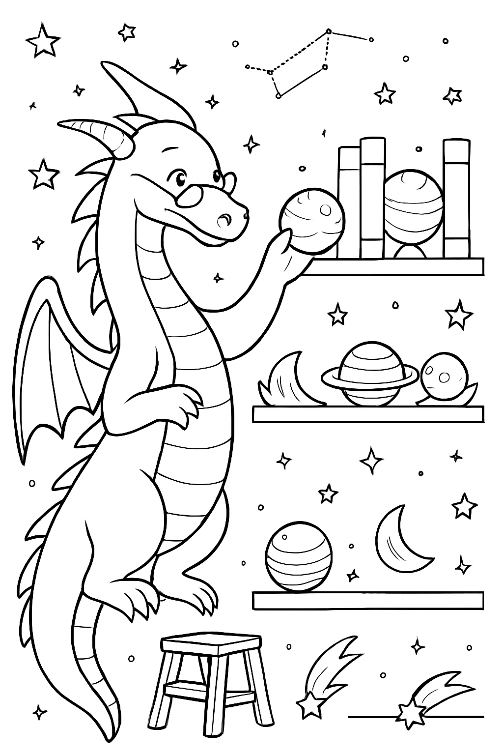 astral librarian dragon shelving planets like books