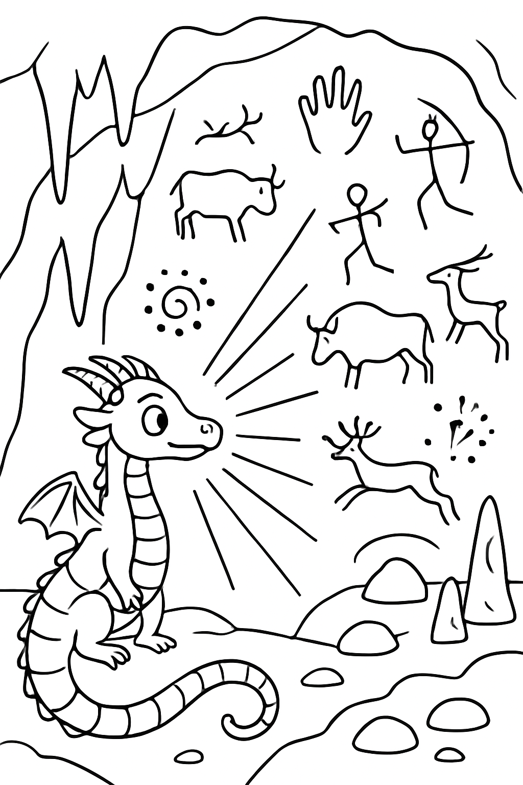 glowworm dragon illuminating cave murals with breath