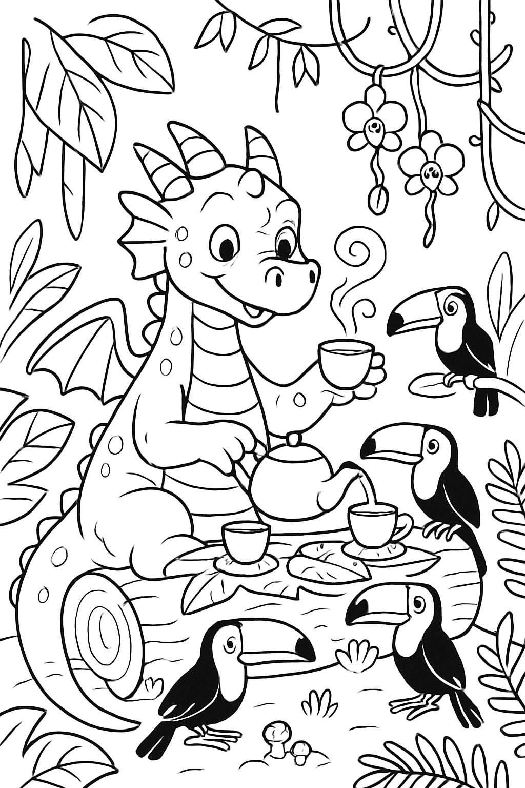 rainforest dragon hosting toucan tea ceremony