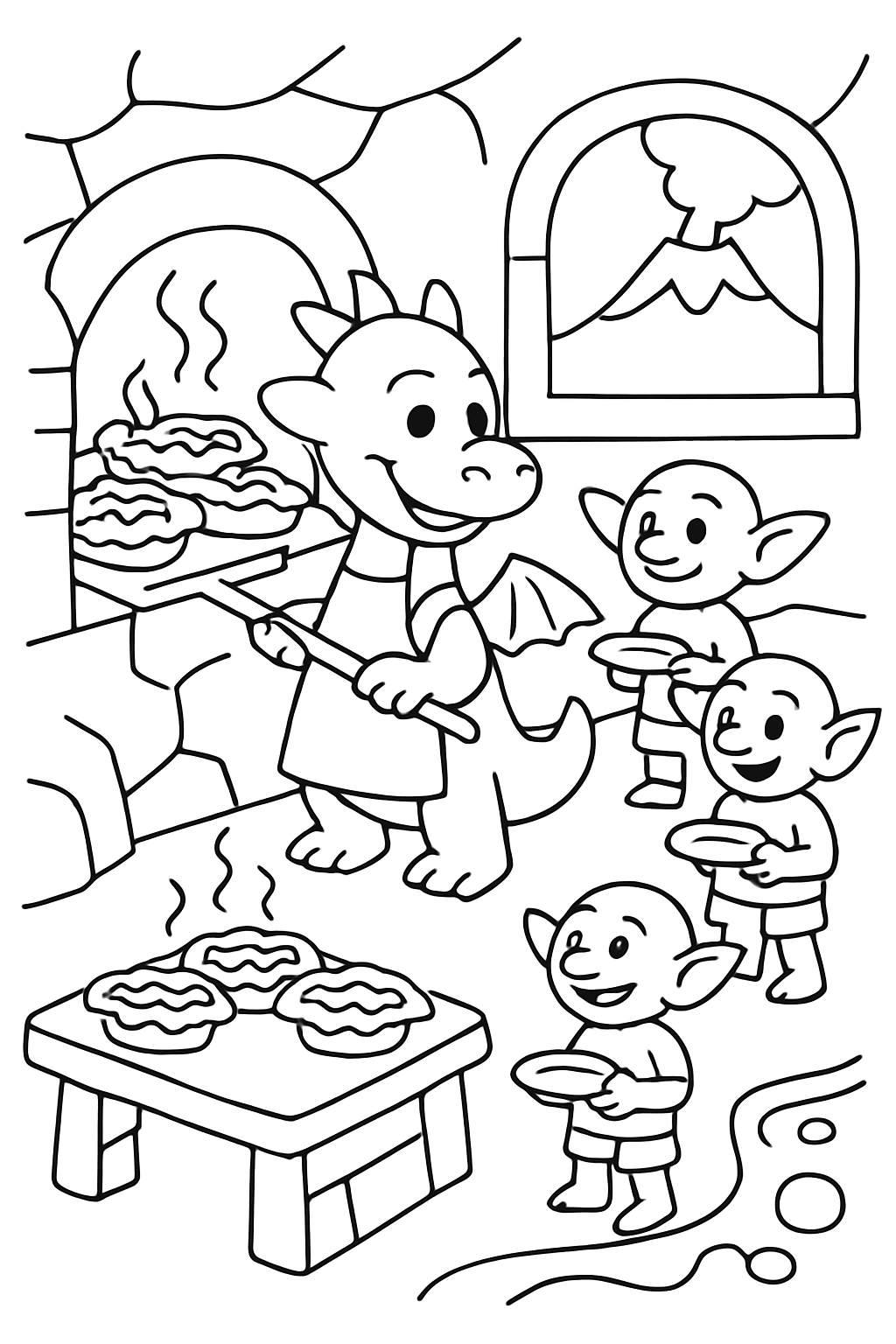 volcanic dragon baking lava pies for goblins