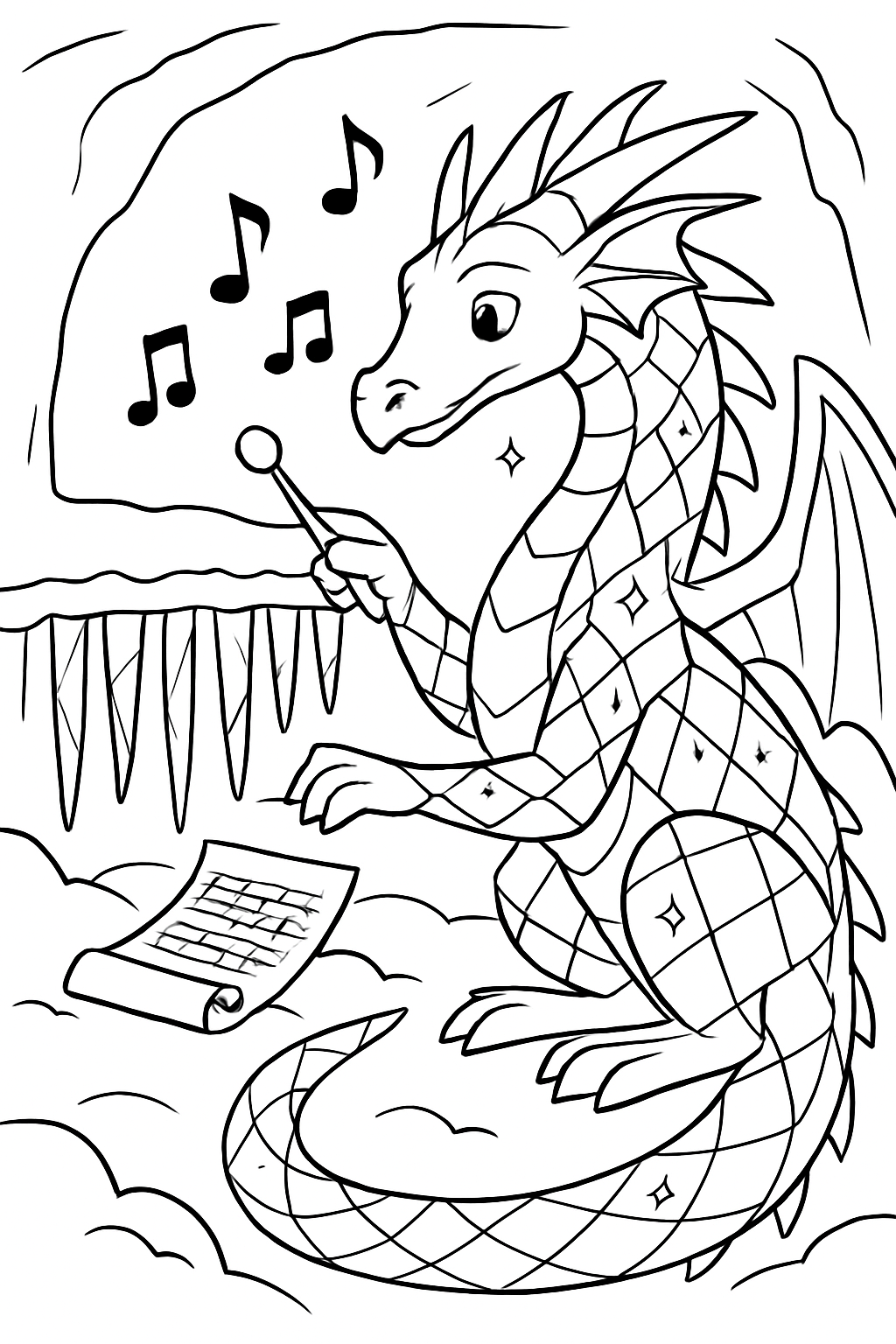 mirror-scaled dragon composing music on icicles