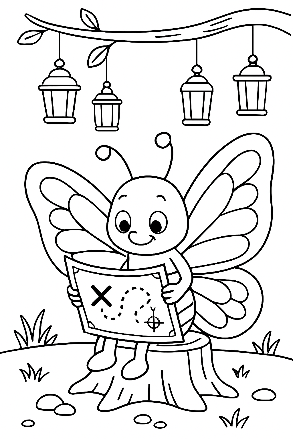 butterfly reading ancient map under lanterns