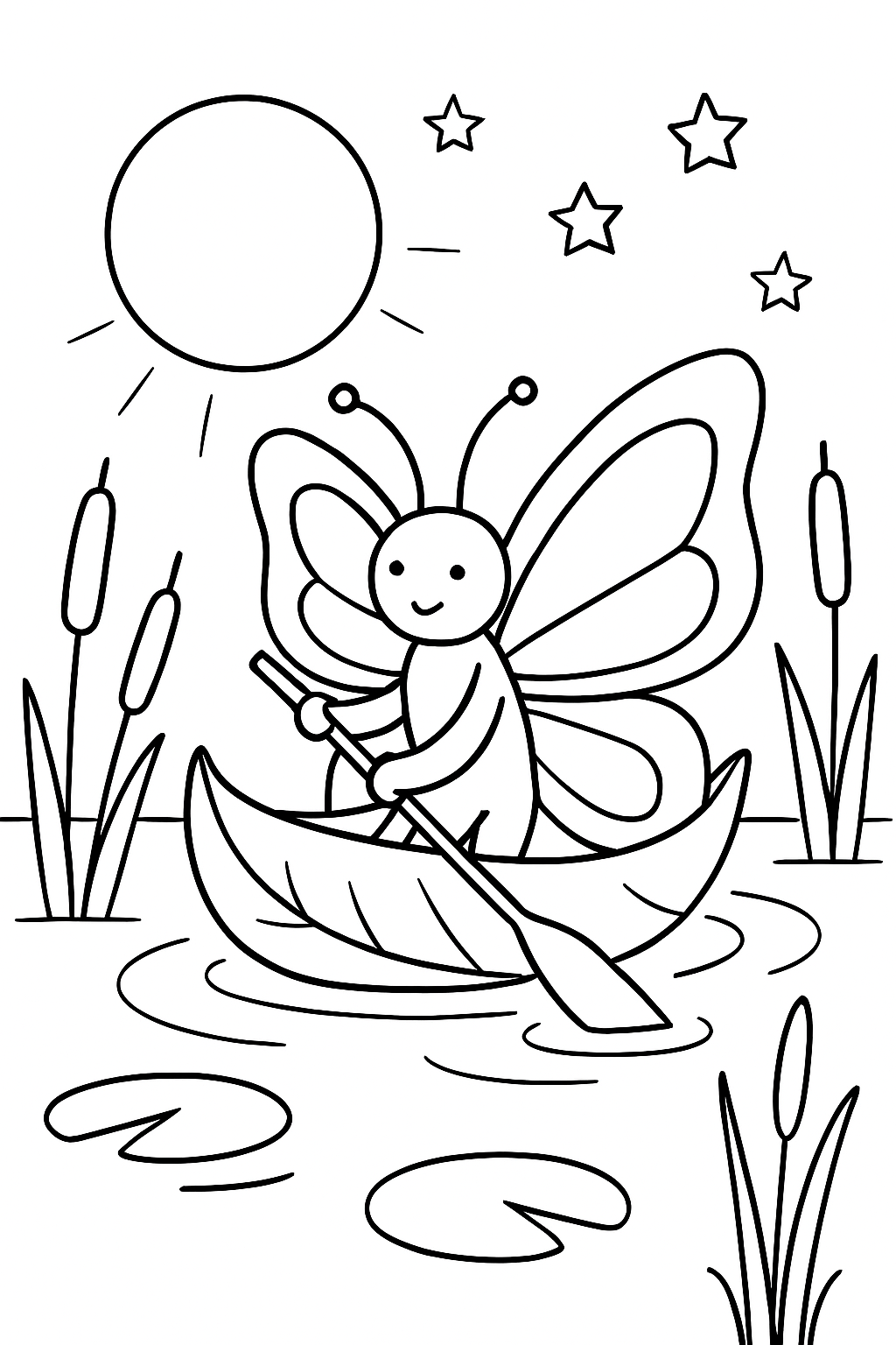 butterfly piloting leaf-boat through moonlit marsh