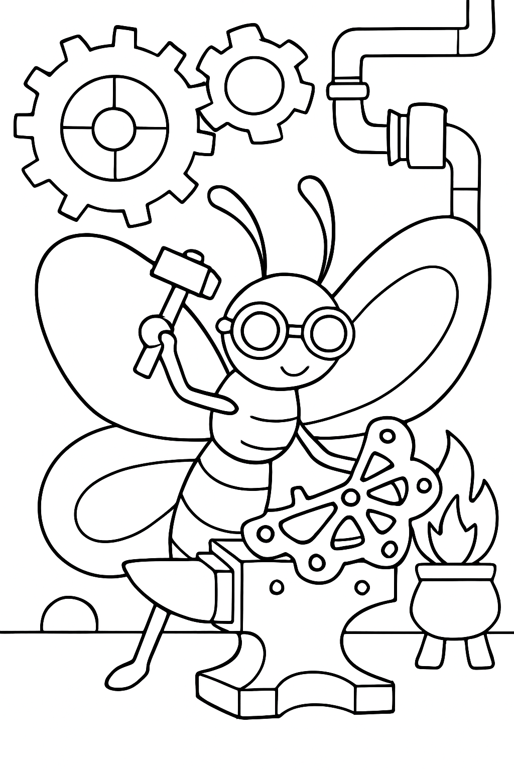 butterfly forging clockwork wings at steampunk anvil