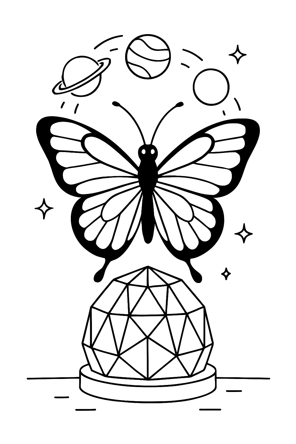 butterfly juggling planets above crystalline observatory