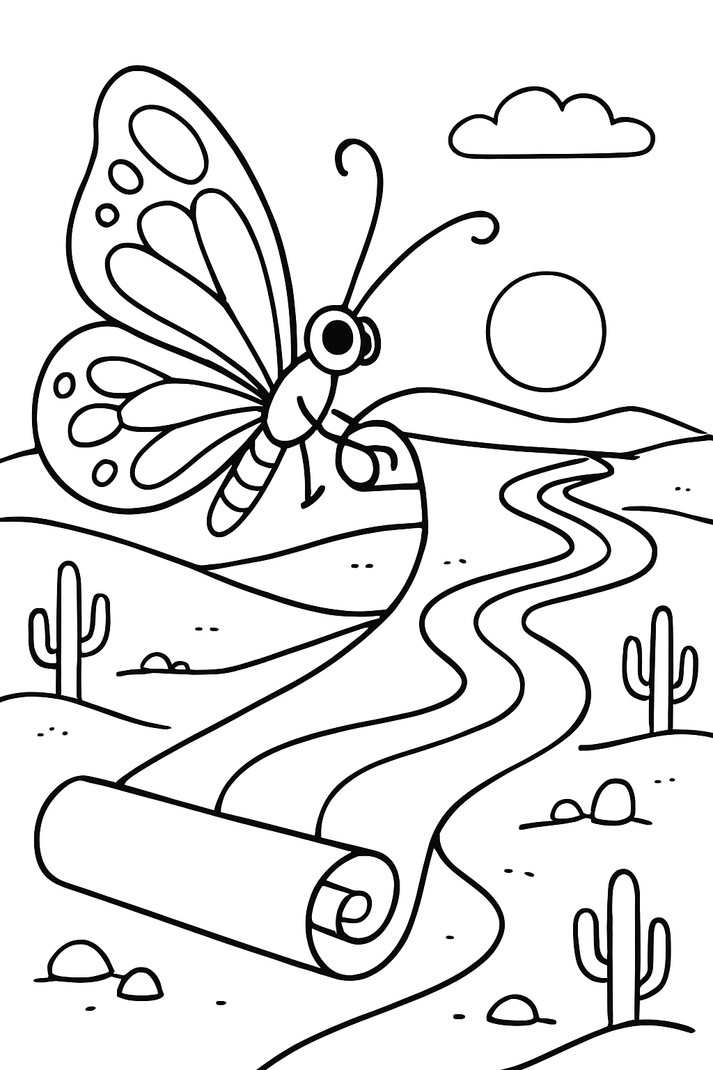 butterfly unrolling parchment road across desert