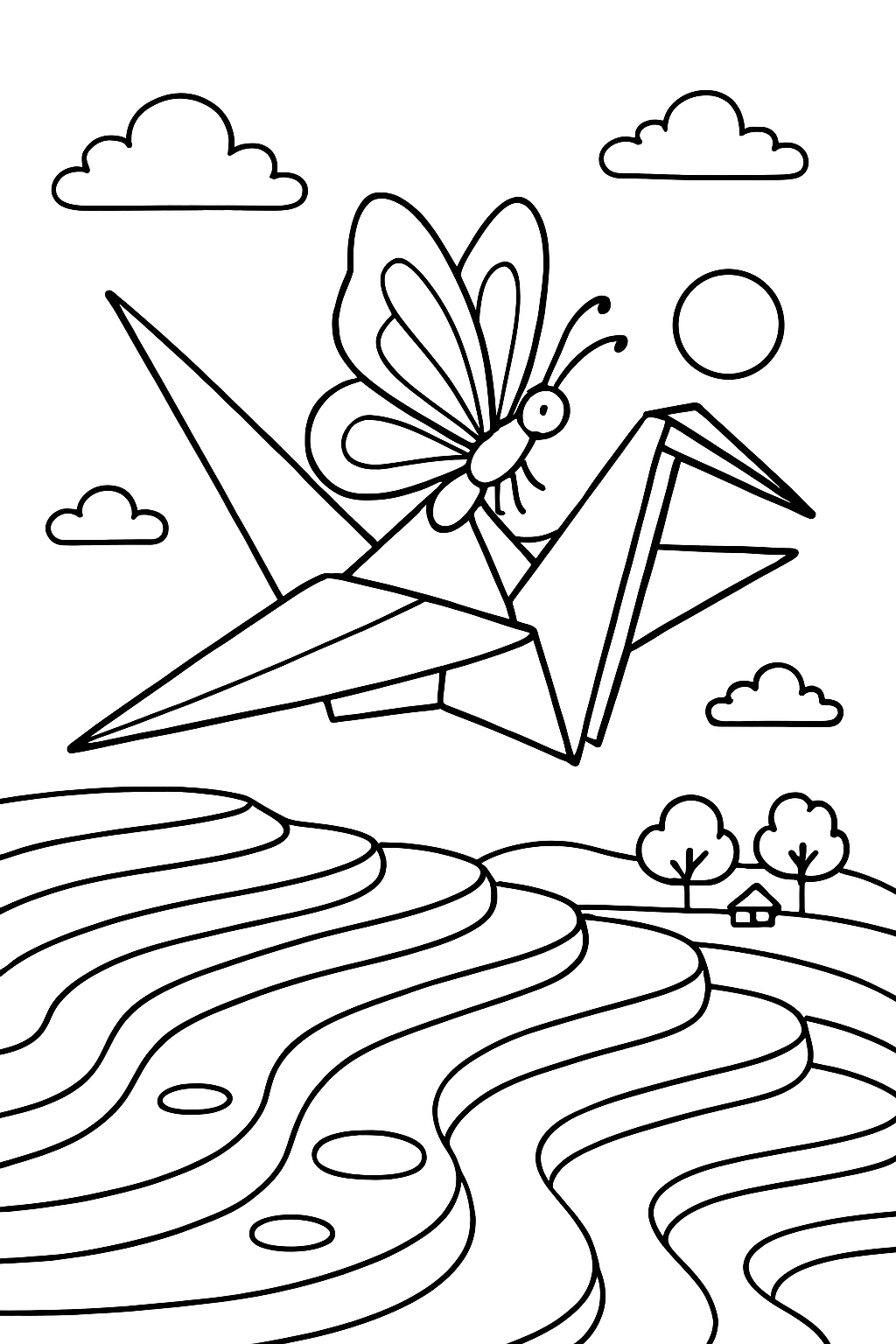 butterfly riding origami crane over rice terraces
