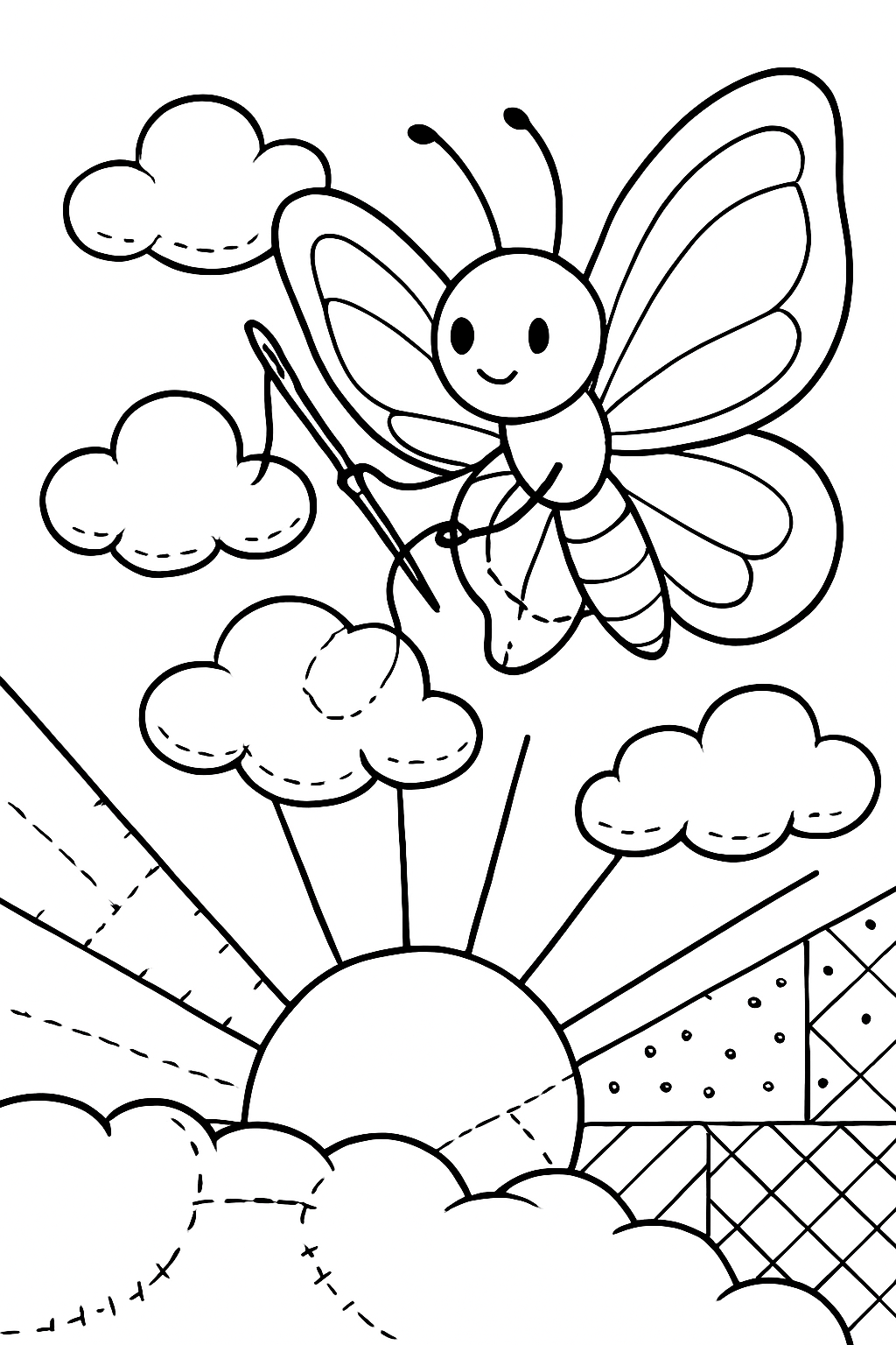butterfly stitching clouds into quilted sunrise