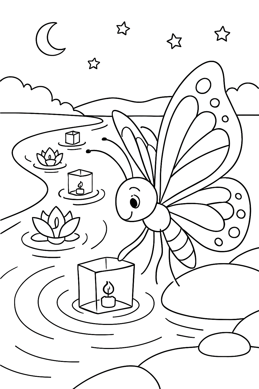 butterfly launching lantern flotilla across twilight river