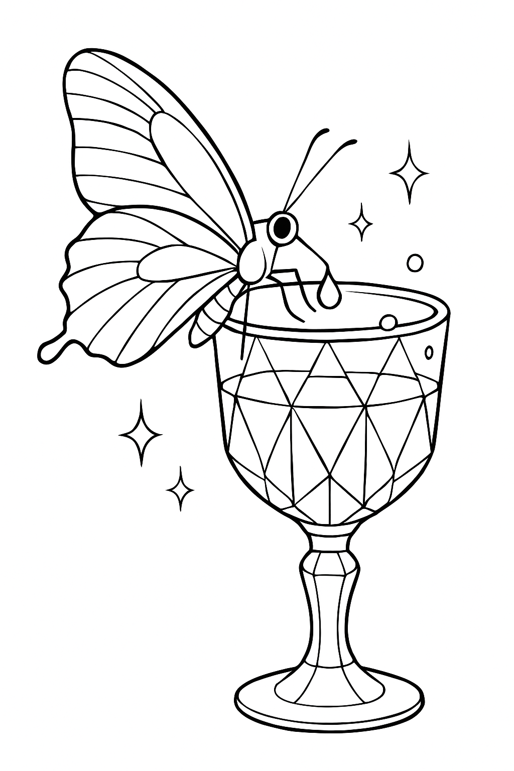 butterfly sipping dew from crystal goblet