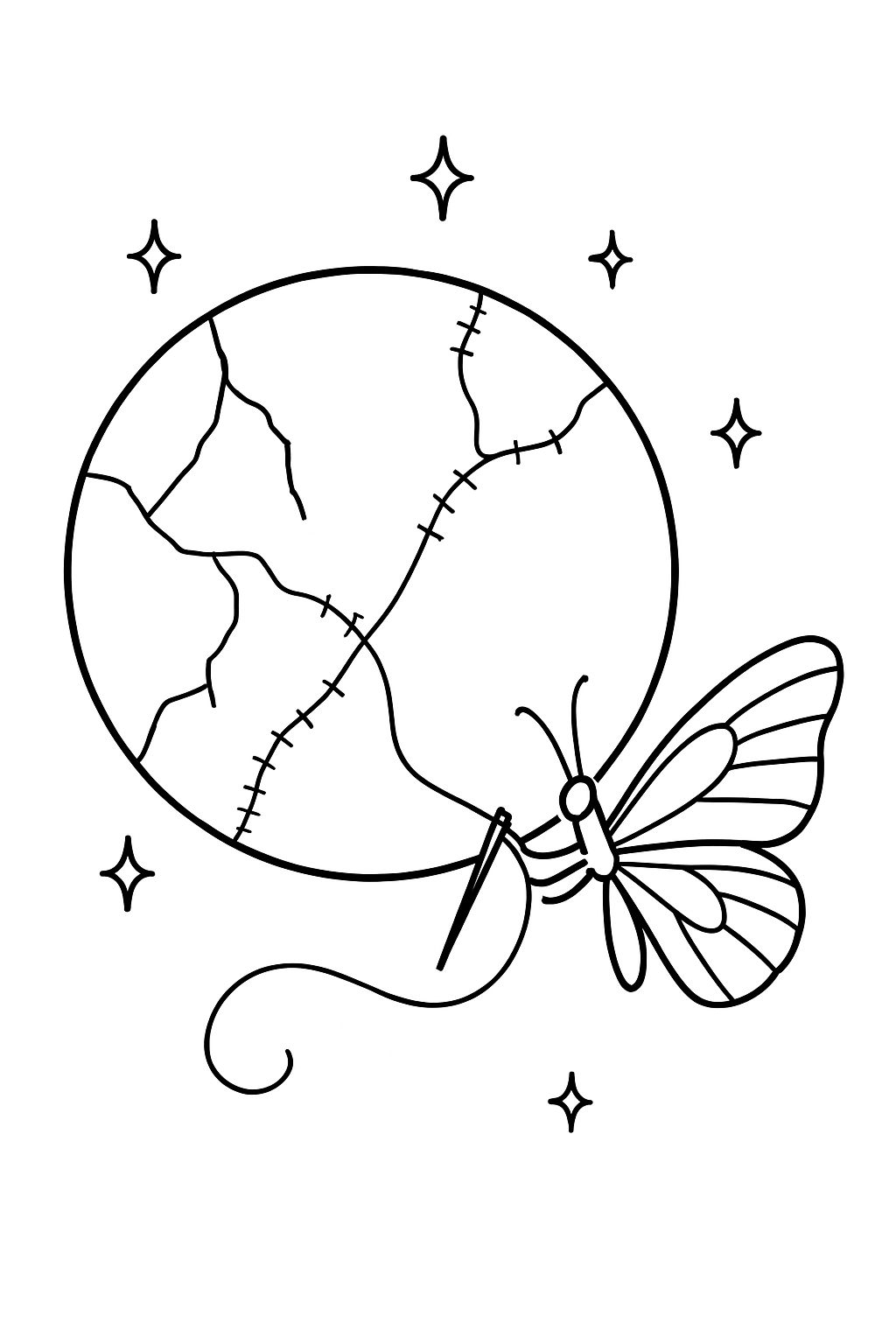butterfly repairing moon with golden kintsugi threads