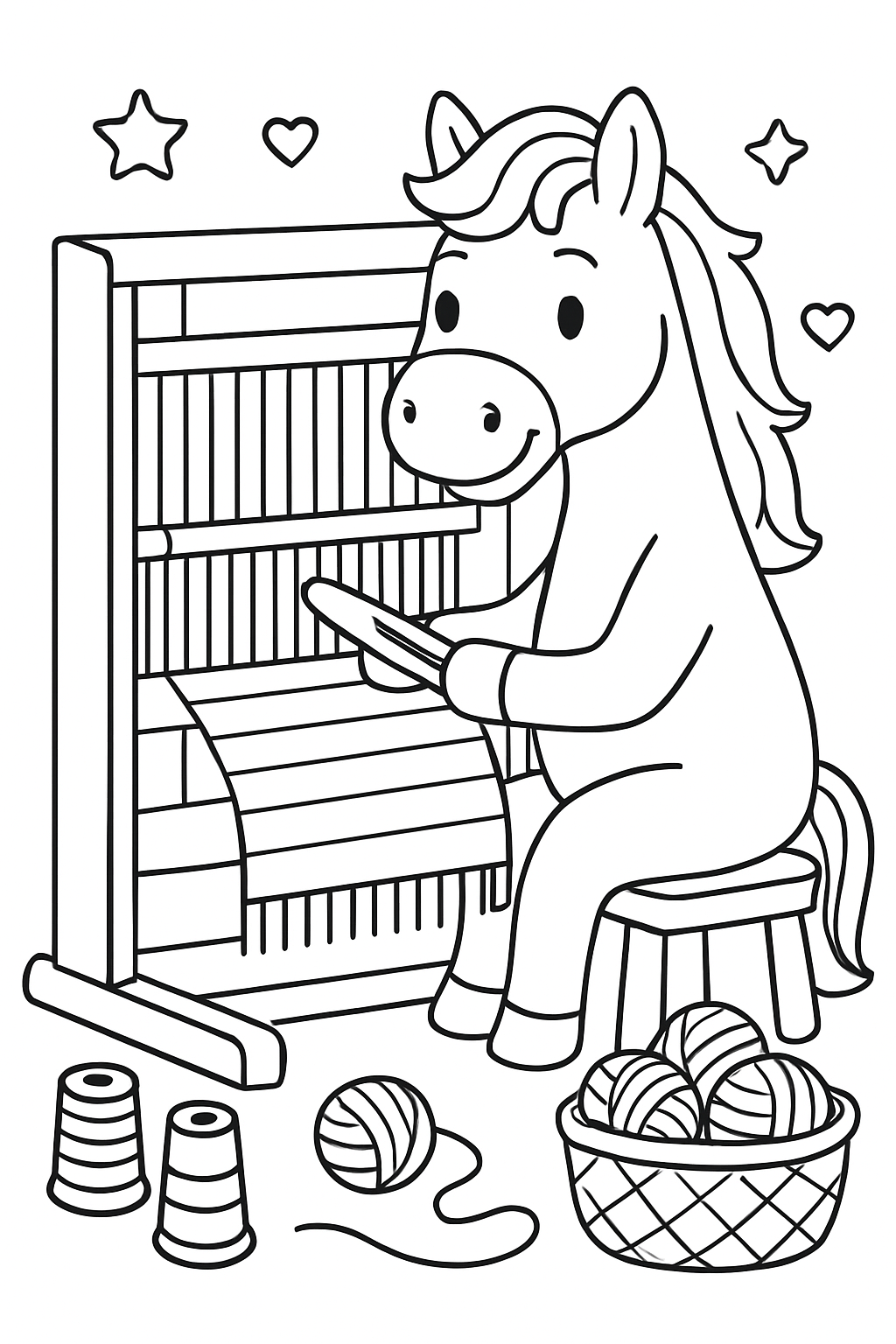 horse weaving rainbow tapestries on a loom