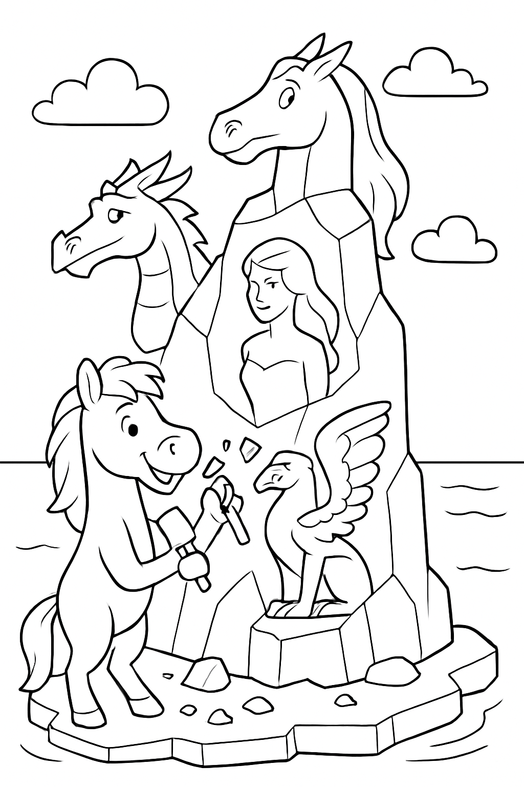 horse sculpting an iceberg into mythical statues