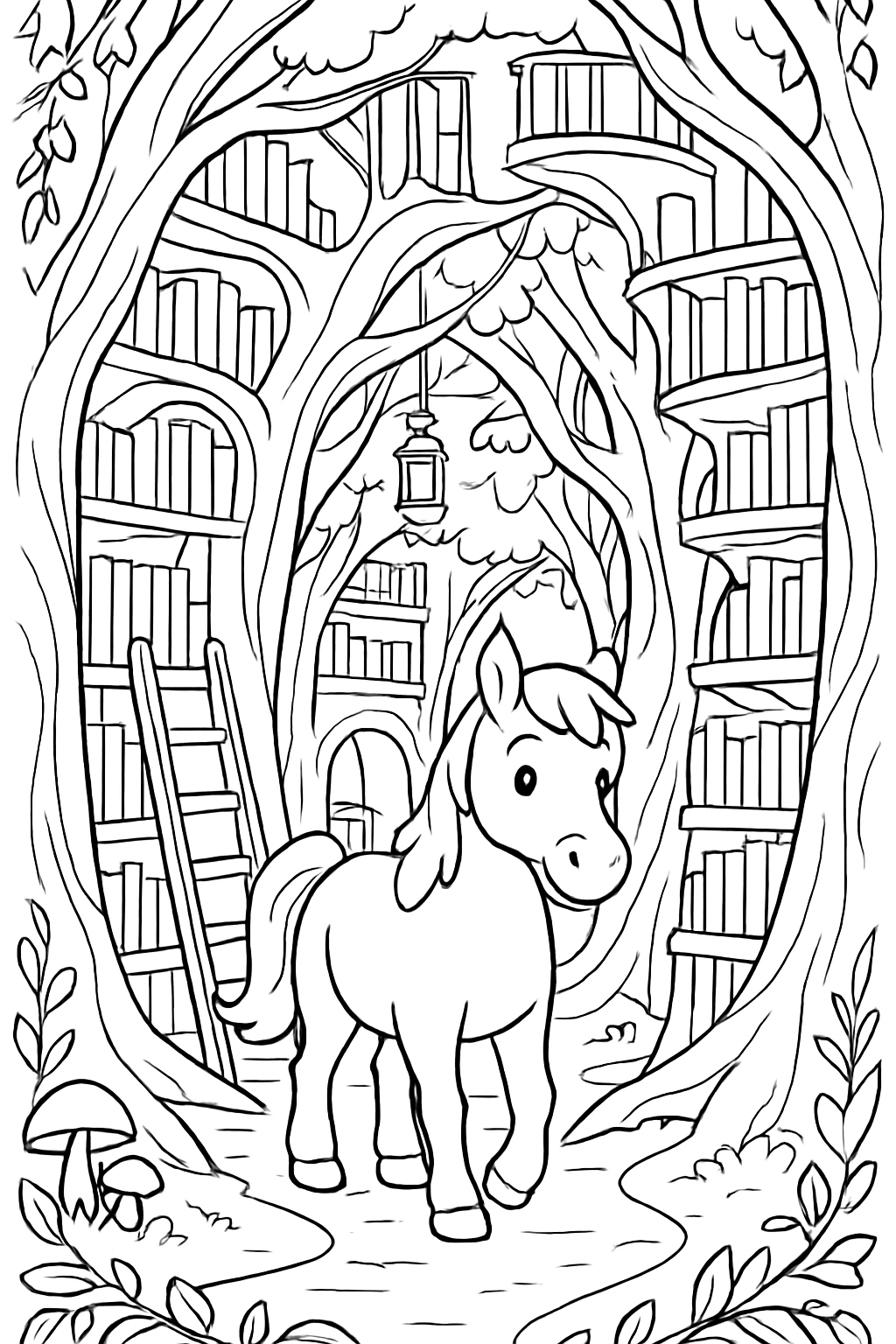 horse exploring a library grown from trees