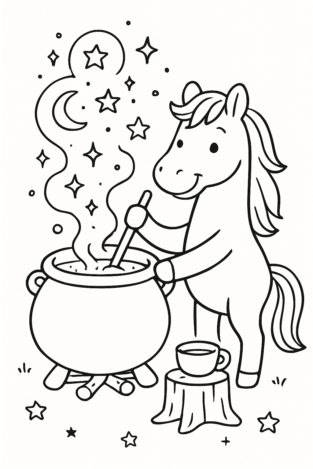 horse brewing starlight tea in a cauldron