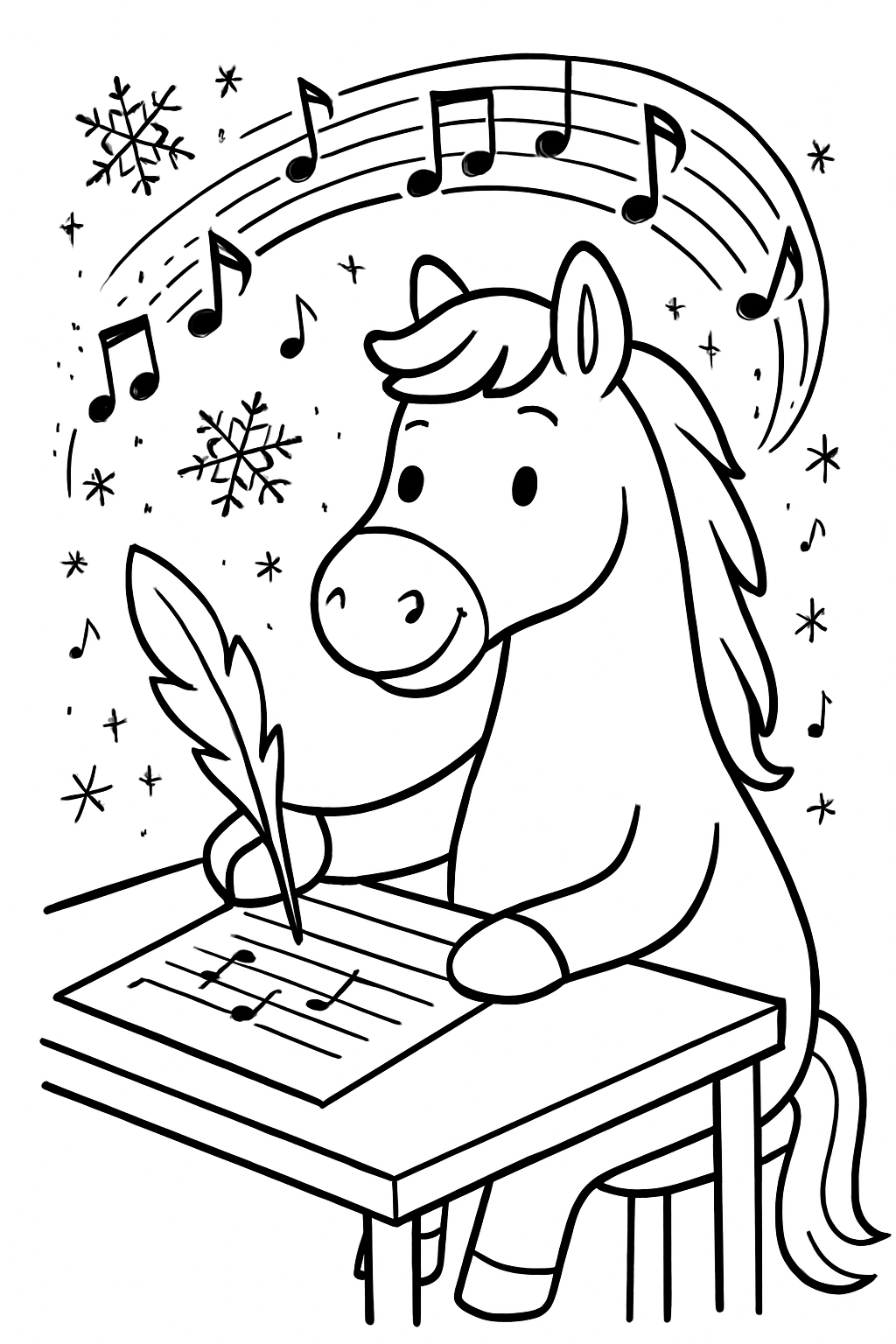 horse composing music with enchanted snowflakes