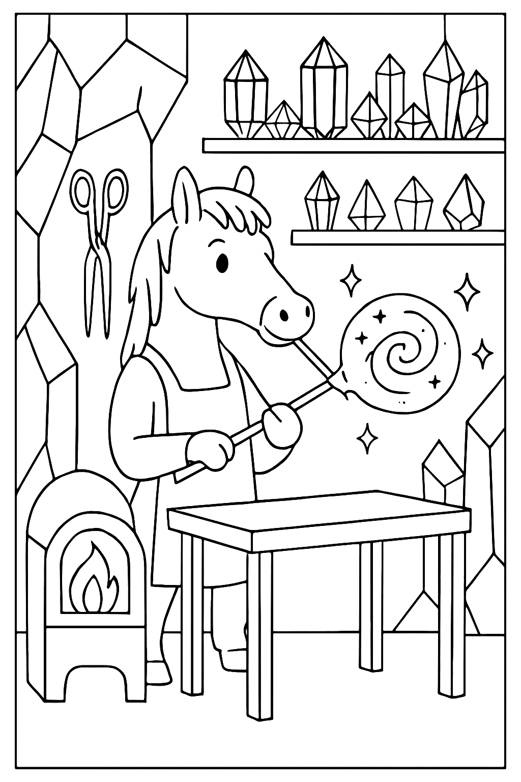 horse glassblowing galaxies inside a crystal workshop