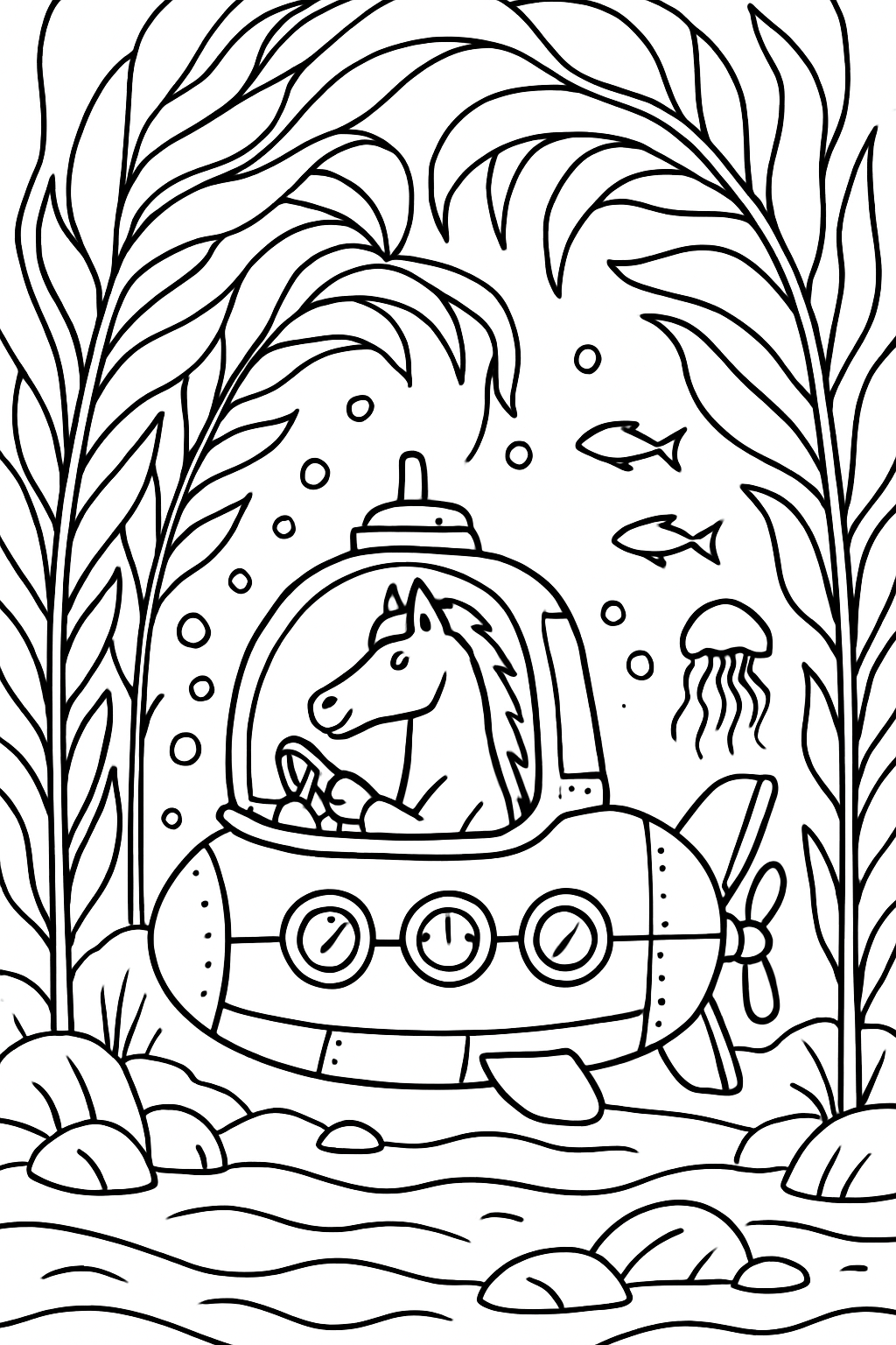 horse piloting a submarine through kelp cathedrals